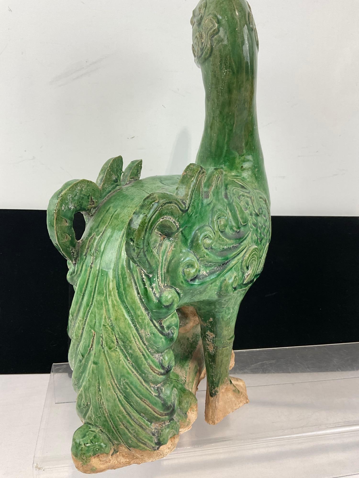 Jade Green Glazed Pottery Chinese Phoenix?, Duck w/significant tail, unfinished base - 5