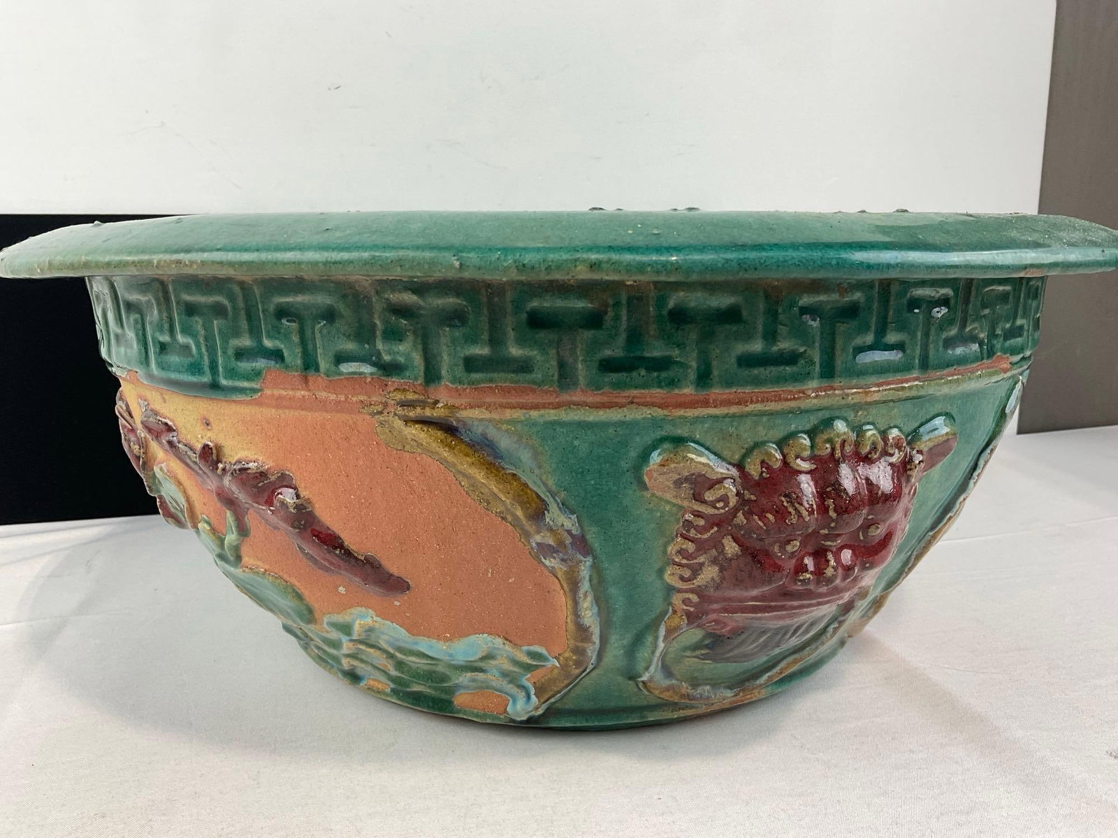 Large Chinese Terracotta Decorative Planter, Teal & Earthy Ochre, w/Red Lion & Flower design - 3