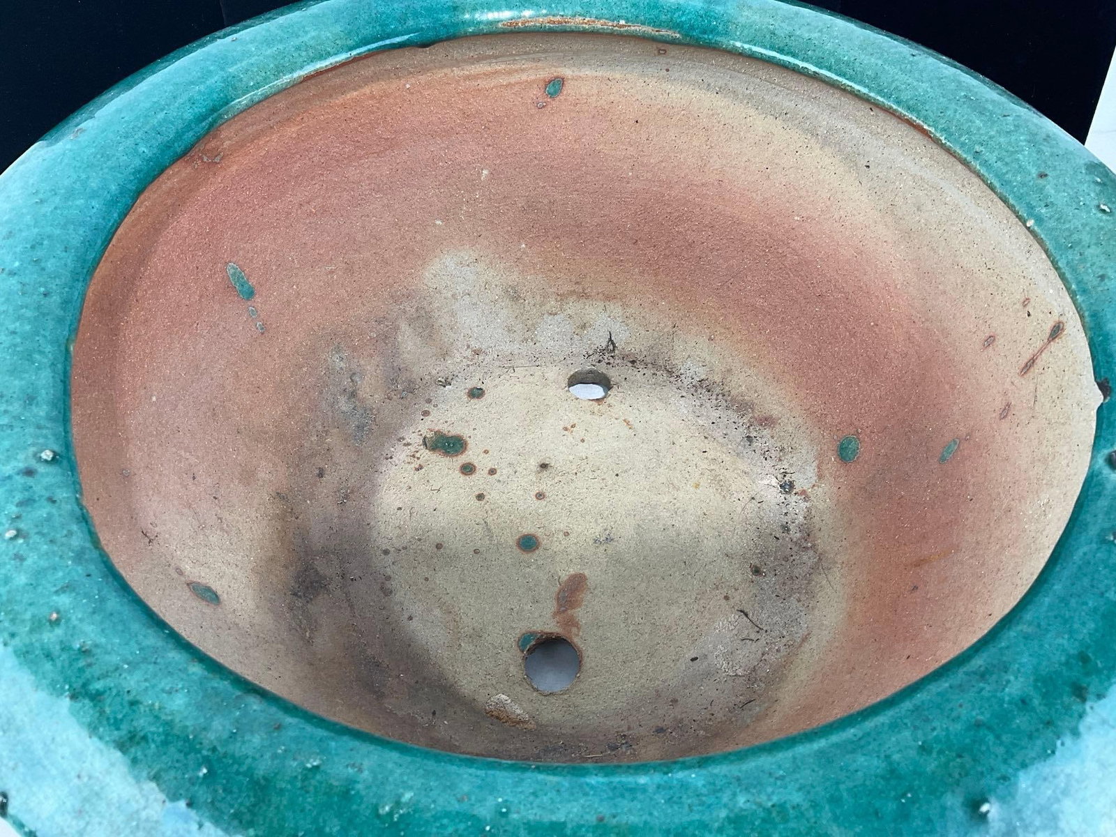 Large Chinese Terracotta Decorative Planter, Teal & Earthy Ochre, w/Red Lion & Flower design - 5