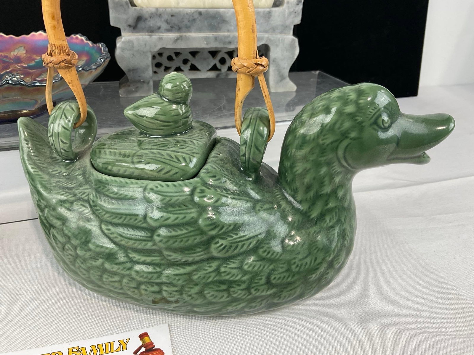Carved White on Grey Soapstone Plaque, Green Duck Teapot, Amethyst Carnival Glass Dish, Stone Can... - 2