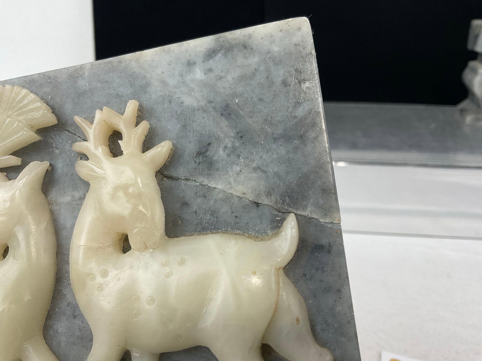 Carved White on Grey Soapstone Plaque, Green Duck Teapot, Amethyst Carnival Glass Dish, Stone Can... - 6