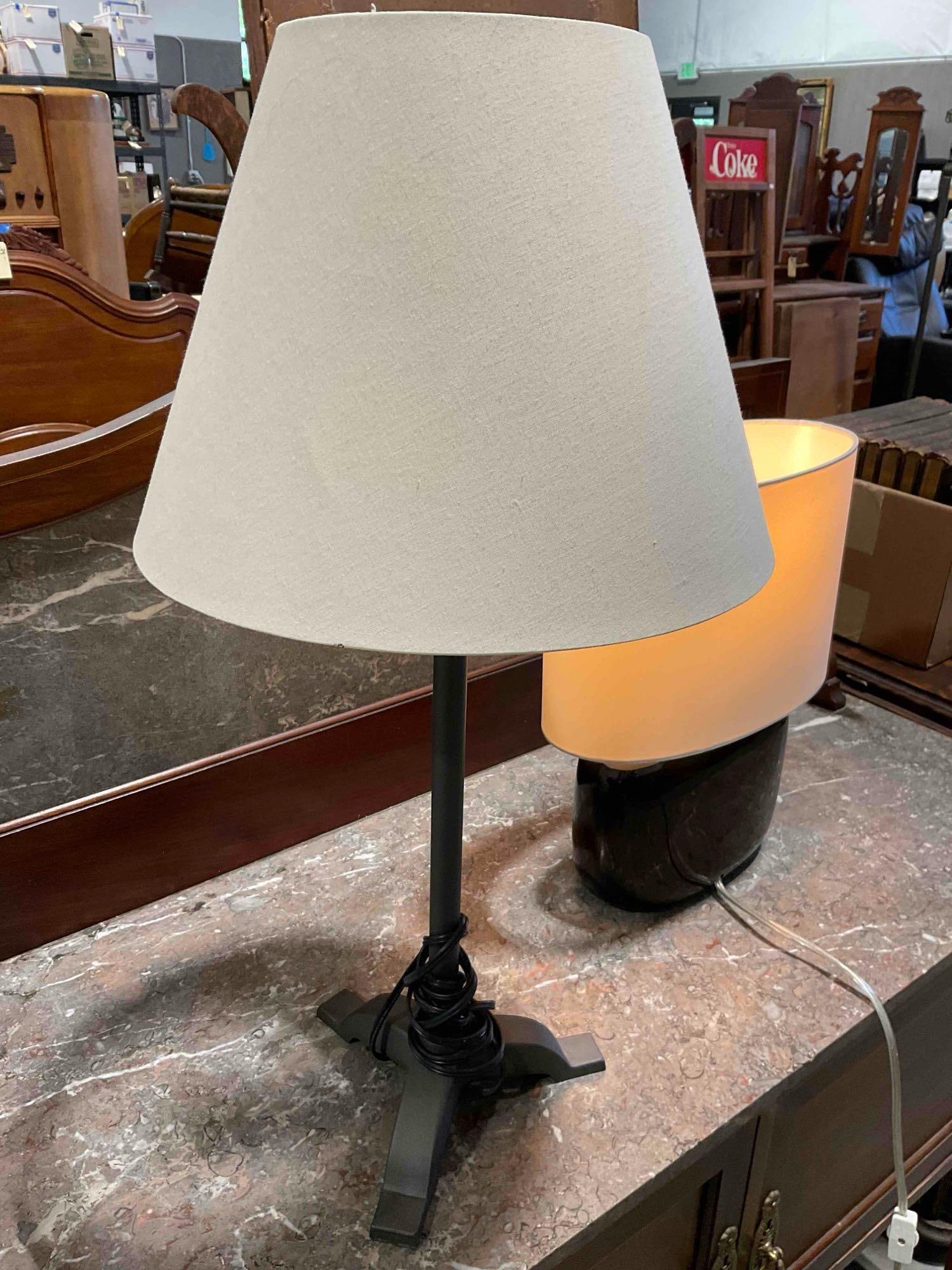2 pcs Modern Table Lamps w/ Black Metal/Ceramic Bases & Cream Fabric Shades. Tested, Work. - 3