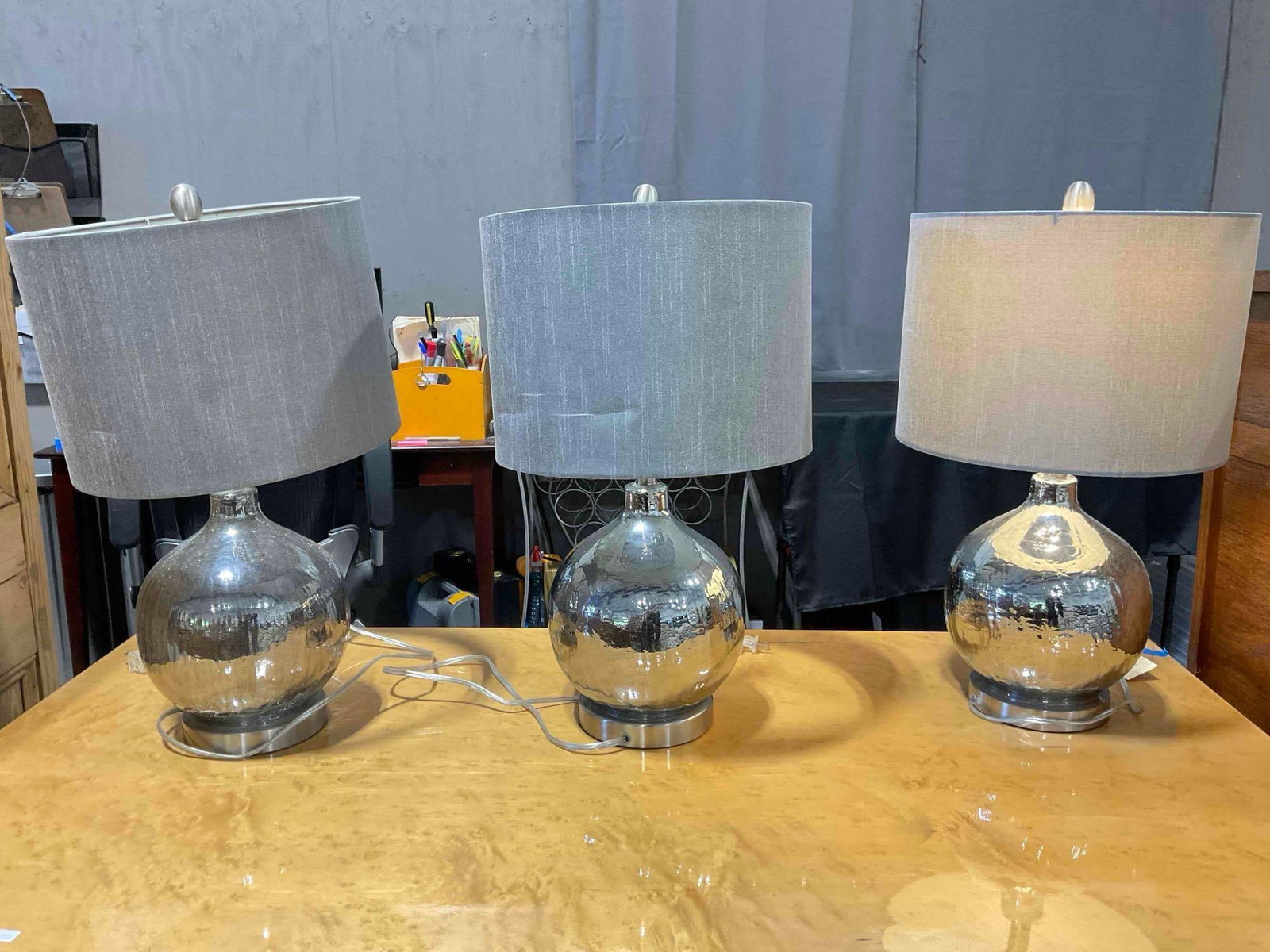 3 pcs Modern Table Lamps w/ Mercury Glass Style Base & Gray Fabric Shades. Tested, Work. (1 of 7)