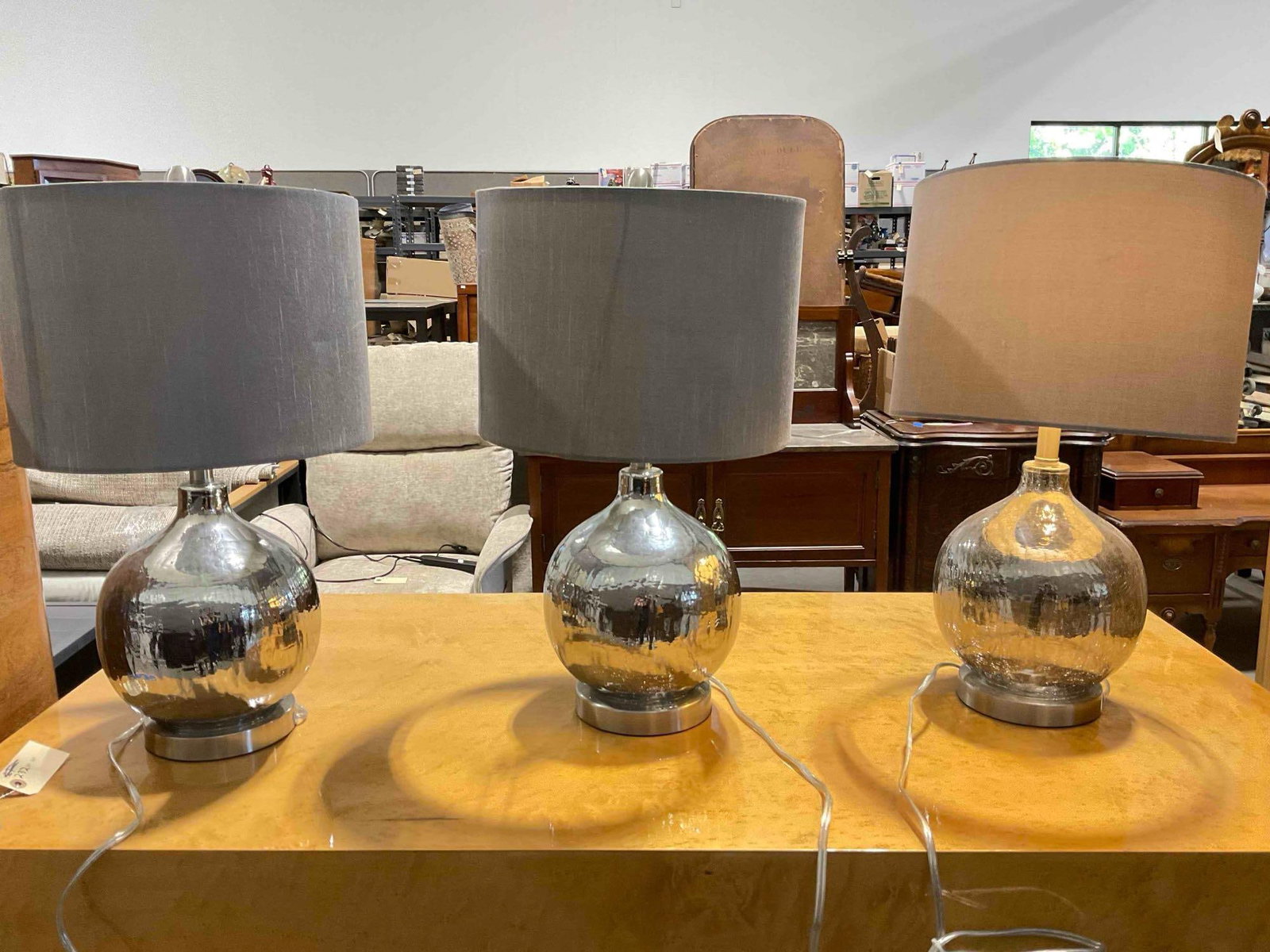 3 pcs Modern Table Lamps w/ Mercury Glass Style Base & Gray Fabric Shades. Tested, Work. - 7