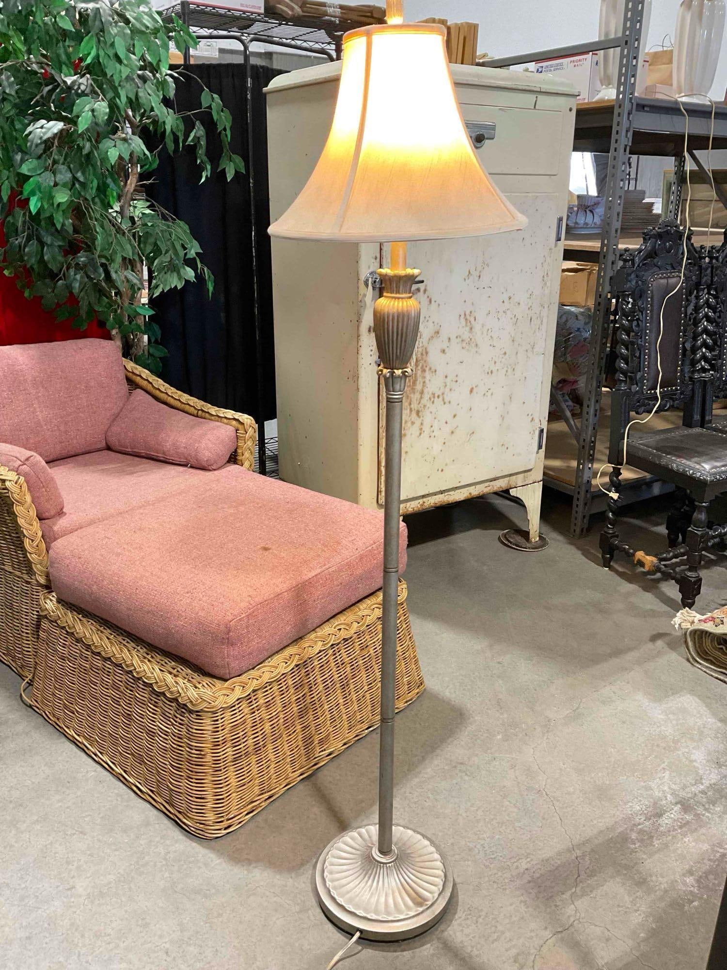 Modern Floor Lamp w/ Brushed Silver Painted Metal Base & Ivory Fabric Shade. Tested, Works.: Modern Floor Lamp w/ Brushed Silver Painted Metal Base & Ivory Fabric Shade. Tested, Works. Shade is stained and dusty indicative of age and use, leans slightly, see photos for condition.