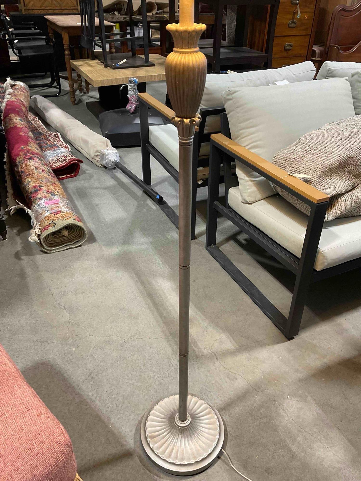 Modern Floor Lamp w/ Brushed Silver Painted Metal Base & Ivory Fabric Shade. Tested, Works. - 2