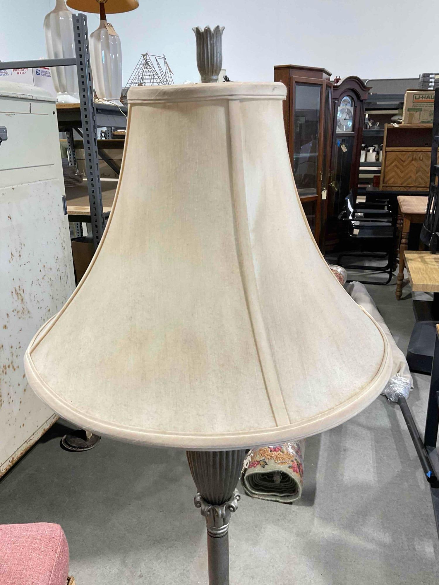 Modern Floor Lamp w/ Brushed Silver Painted Metal Base & Ivory Fabric Shade. Tested, Works. - 3