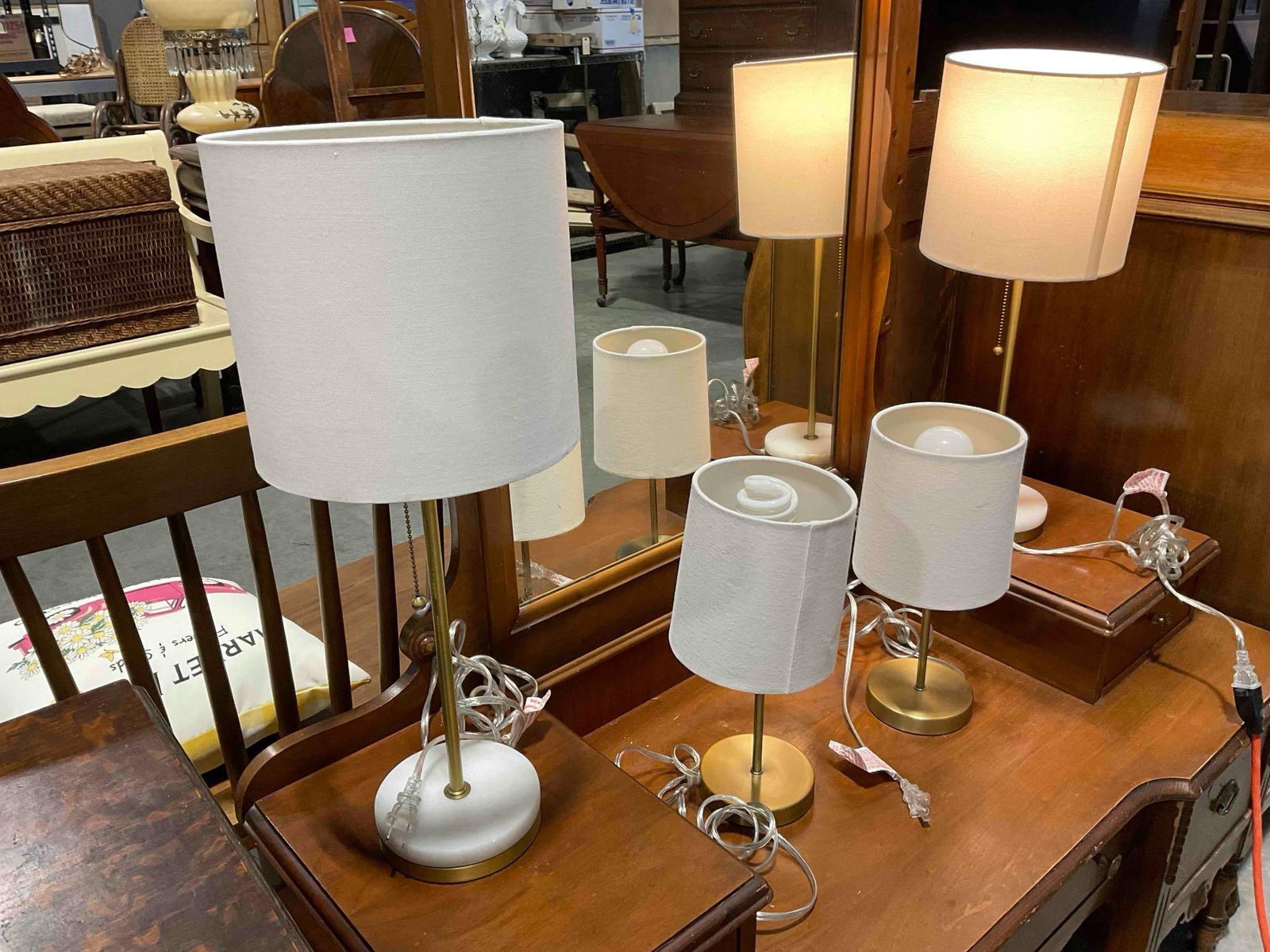 2 Pairs of Modern Table Lamps w/ Stone/Brass Bases & White Fabric Shades. Tested, Work. - 2
