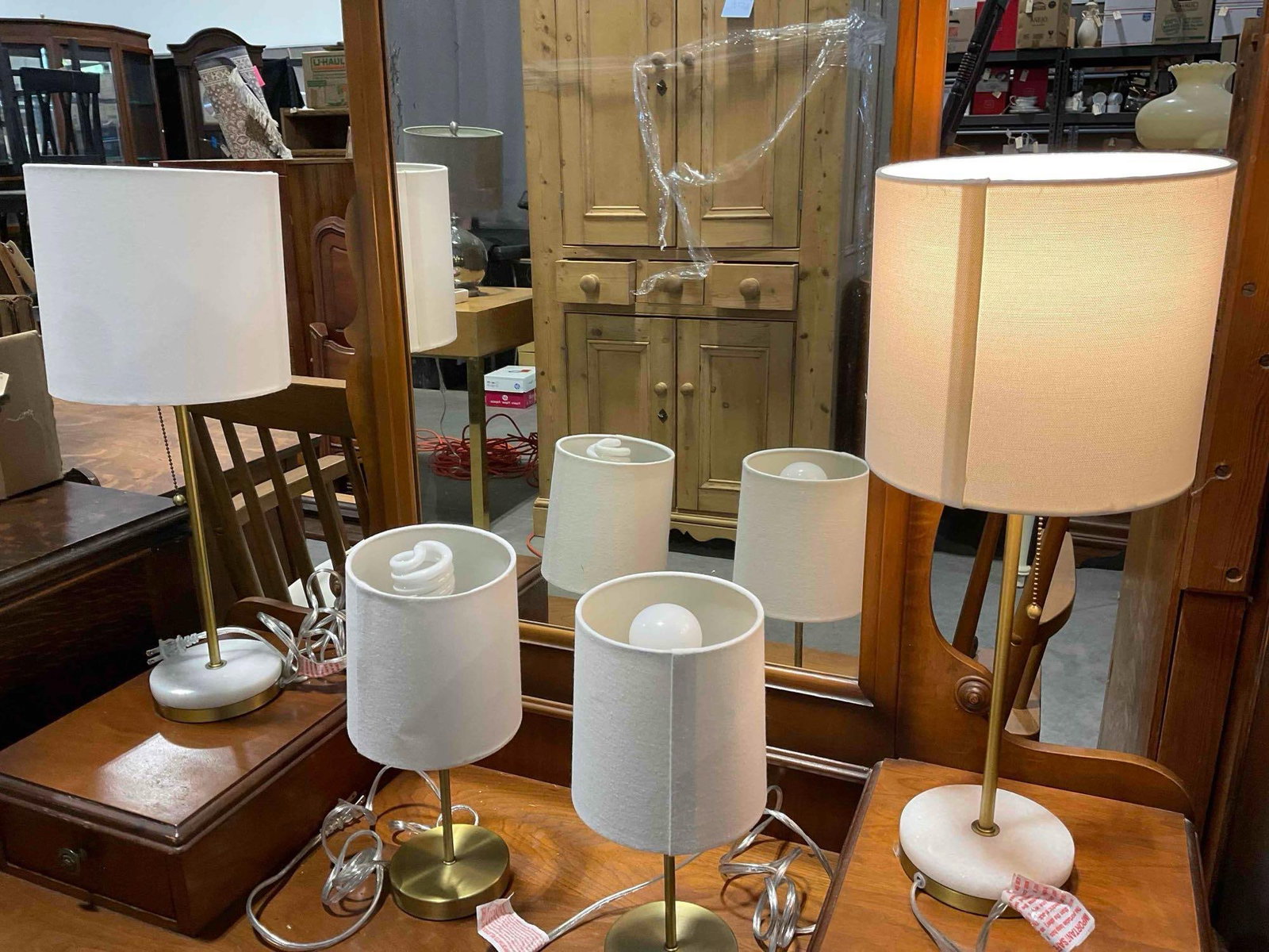 2 Pairs of Modern Table Lamps w/ Stone/Brass Bases & White Fabric Shades. Tested, Work. - 3