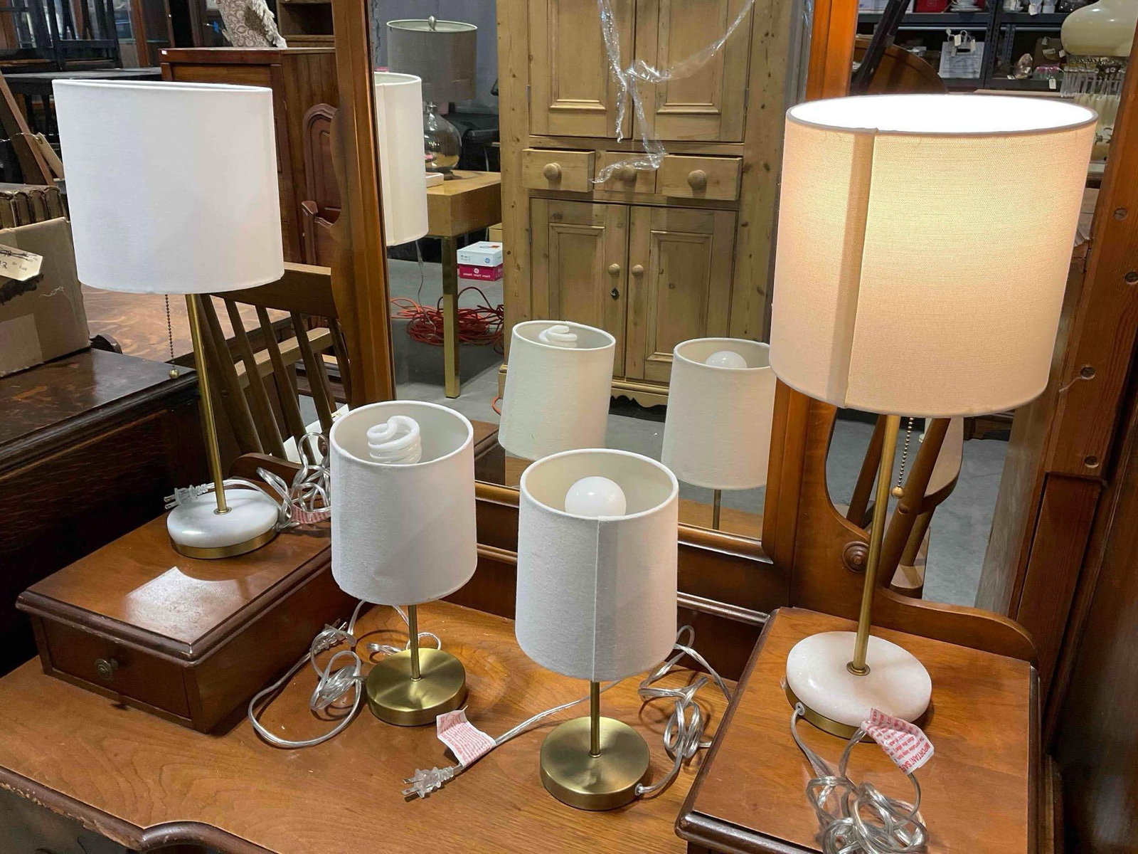 2 Pairs of Modern Table Lamps w/ Stone/Brass Bases & White Fabric Shades. Tested, Work. - 4