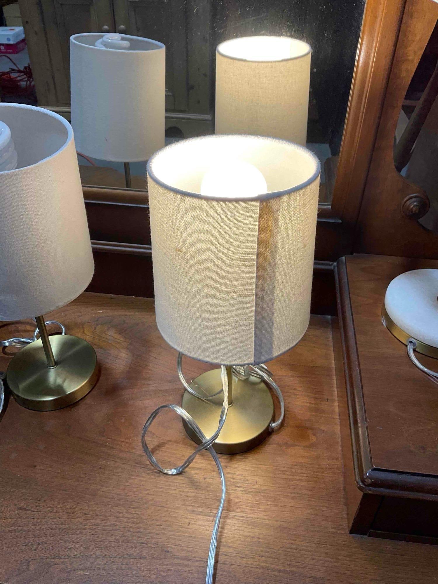 2 Pairs of Modern Table Lamps w/ Stone/Brass Bases & White Fabric Shades. Tested, Work. - 5