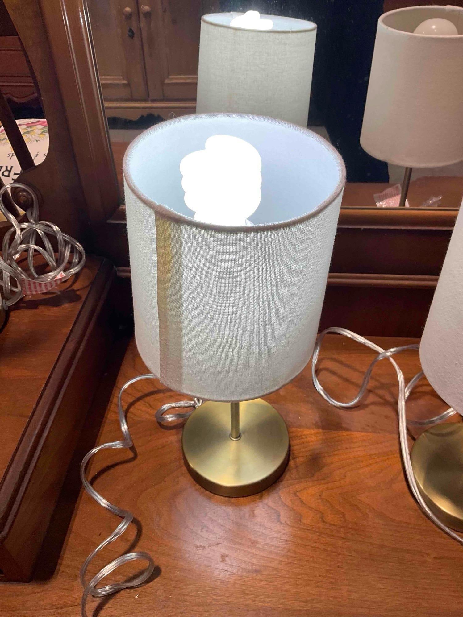 2 Pairs of Modern Table Lamps w/ Stone/Brass Bases & White Fabric Shades. Tested, Work. - 6
