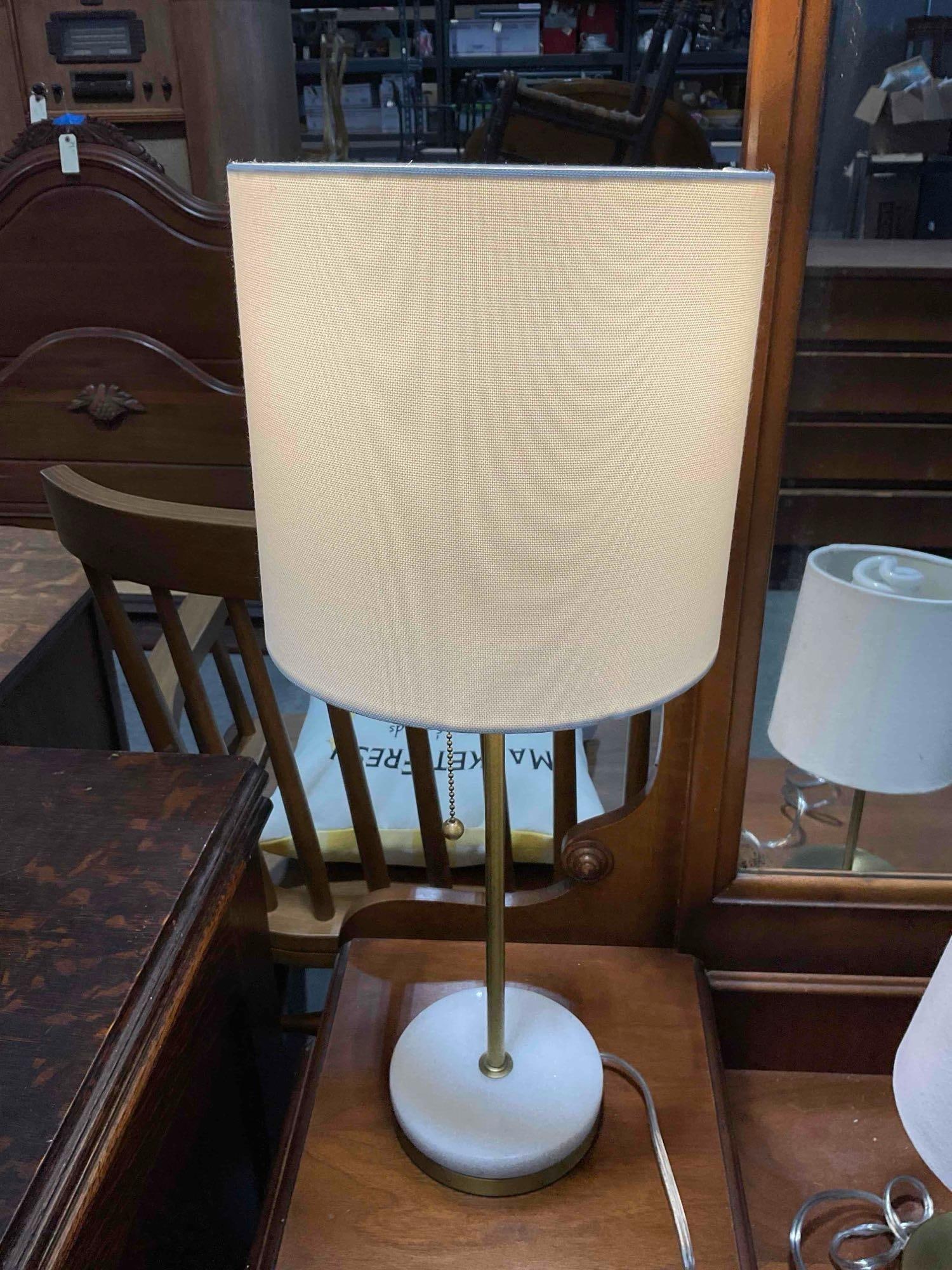 2 Pairs of Modern Table Lamps w/ Stone/Brass Bases & White Fabric Shades. Tested, Work. - 7