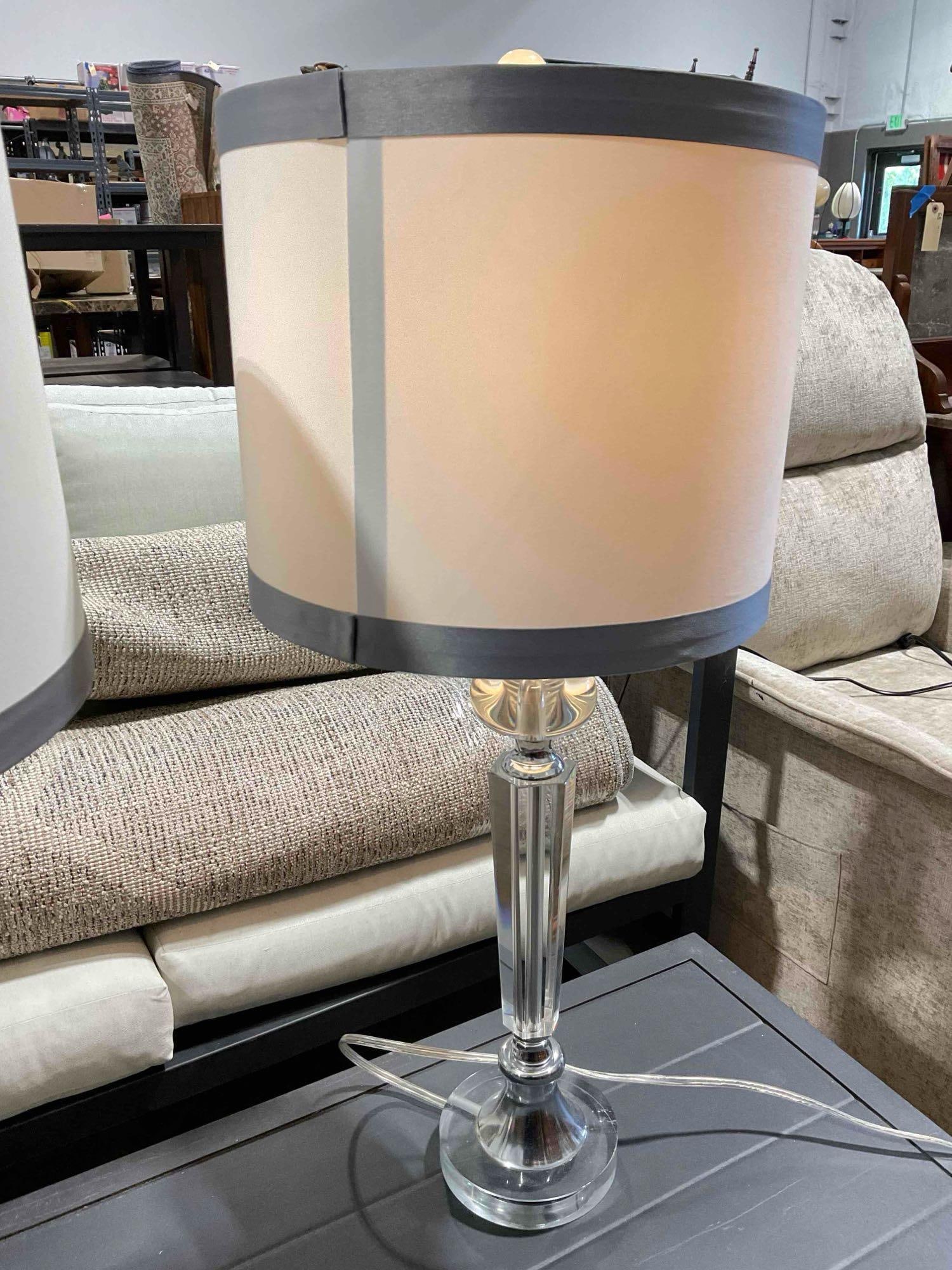 Pair of Modern Table Lamps w/ Cut Glass Bases & White Fabric Shades. Tested, Work. - 2