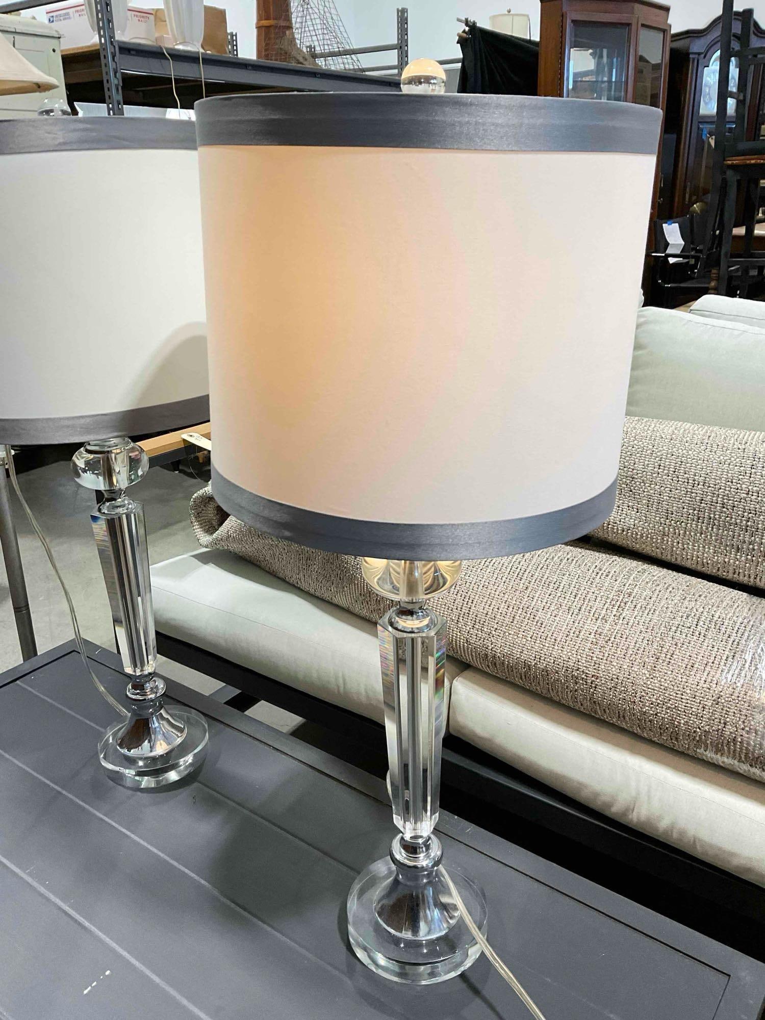 Pair of Modern Table Lamps w/ Cut Glass Bases & White Fabric Shades. Tested, Work. - 3