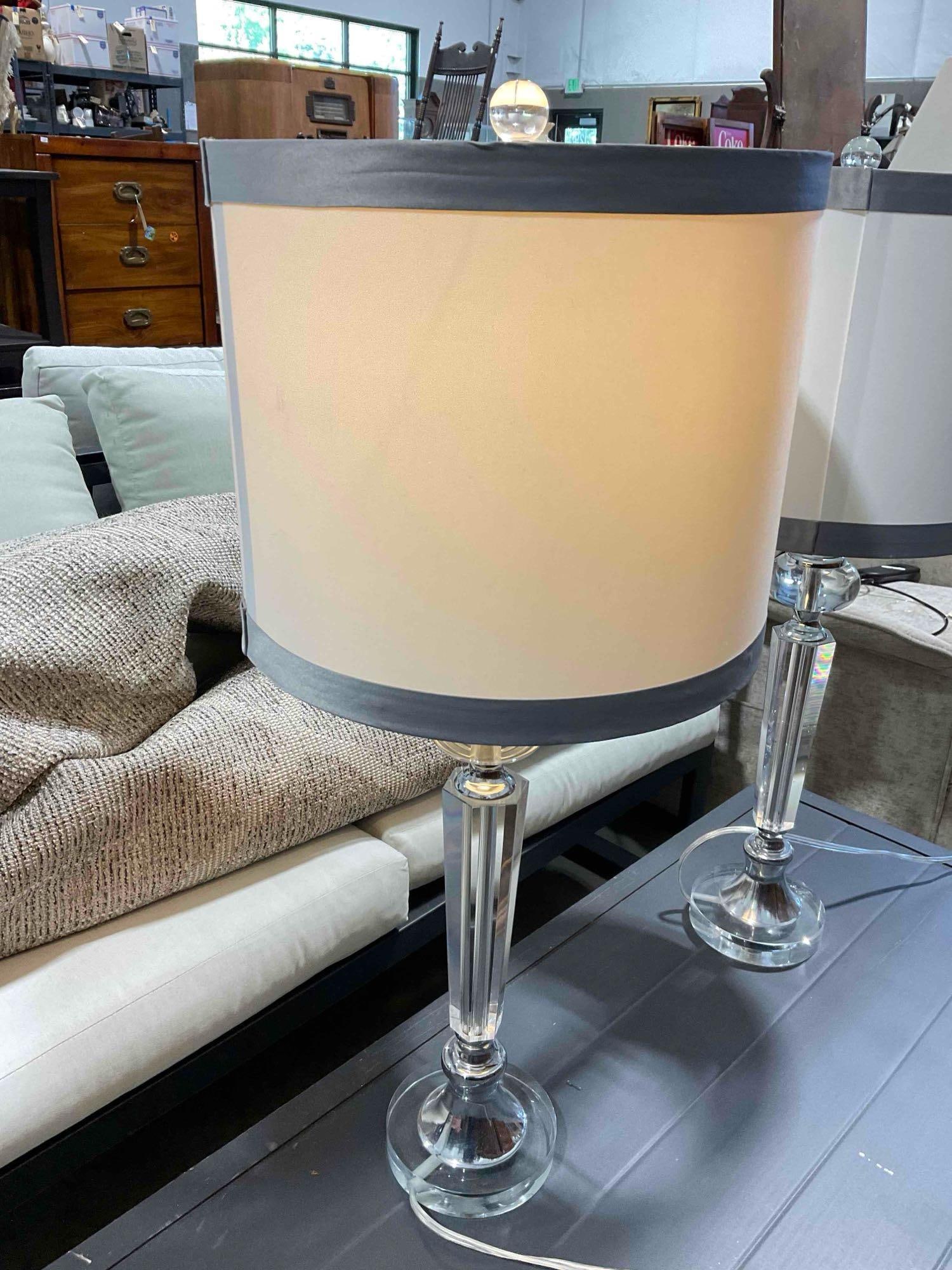 Pair of Modern Table Lamps w/ Cut Glass Bases & White Fabric Shades. Tested, Work. - 4