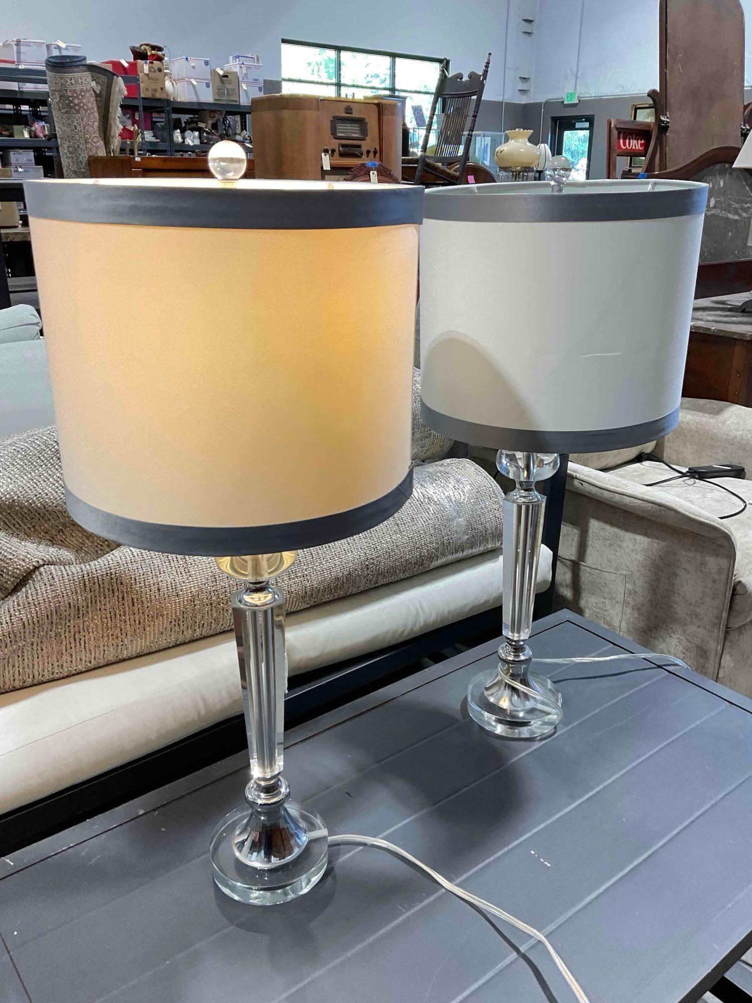 Pair of Modern Table Lamps w/ Cut Glass Bases & White Fabric Shades. Tested, Work. - 5