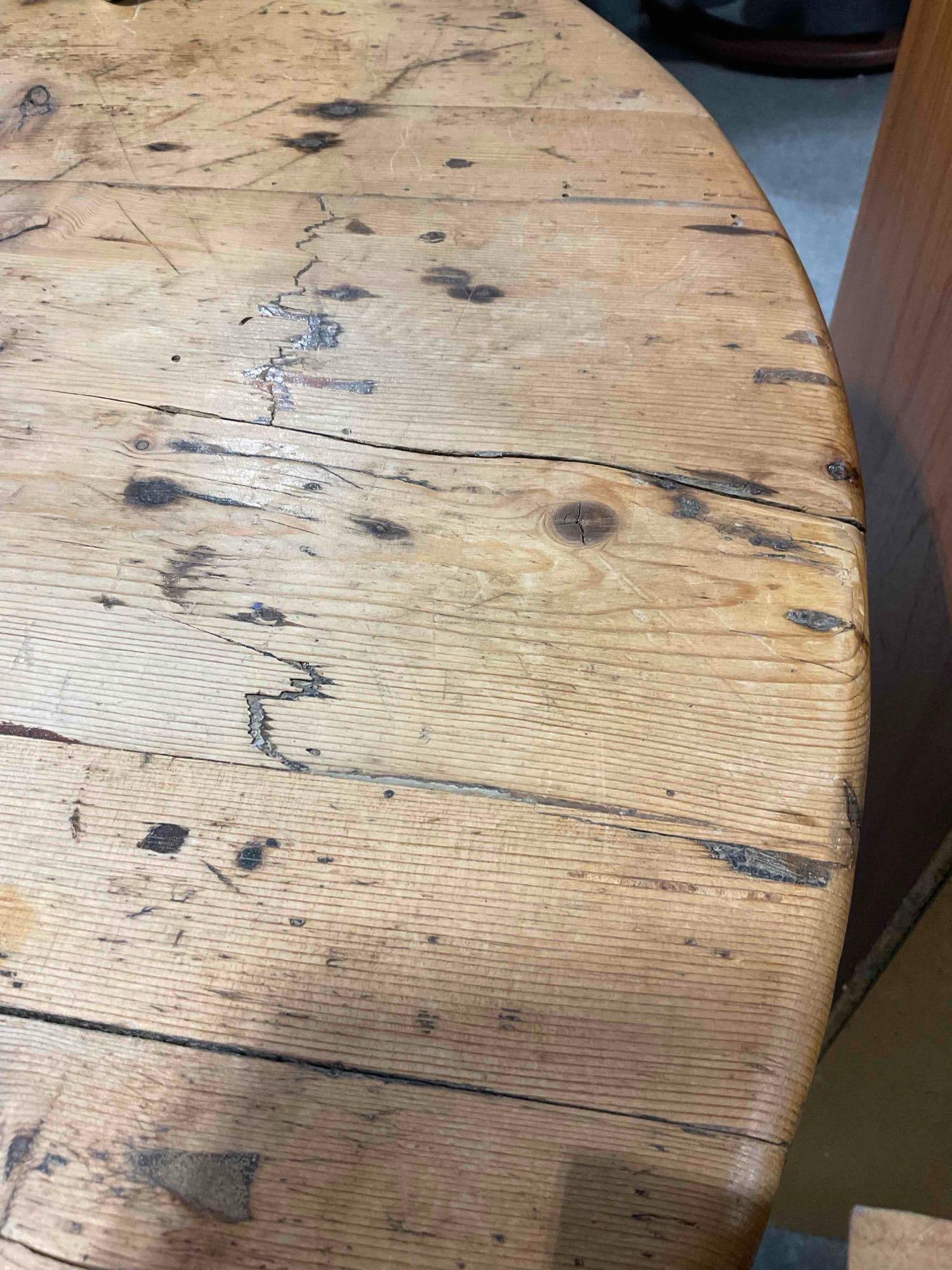 Vintage / antique Large Rustic Pine Wood Farmhouse Dining Table w/ Drawer & Pull Out Cutting Board. - 9