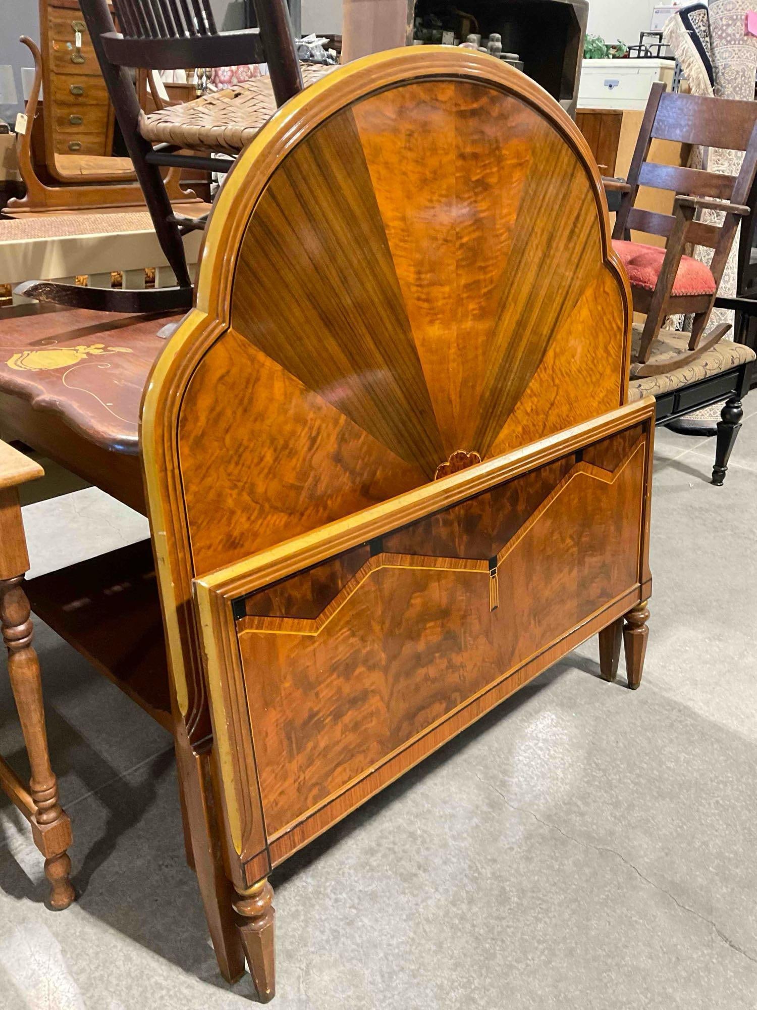 Antique Sligh Art Deco Walnut Twin Bed Frame w/ Inlaid Burl Wood Sunburst Pattern. See pics. - 2