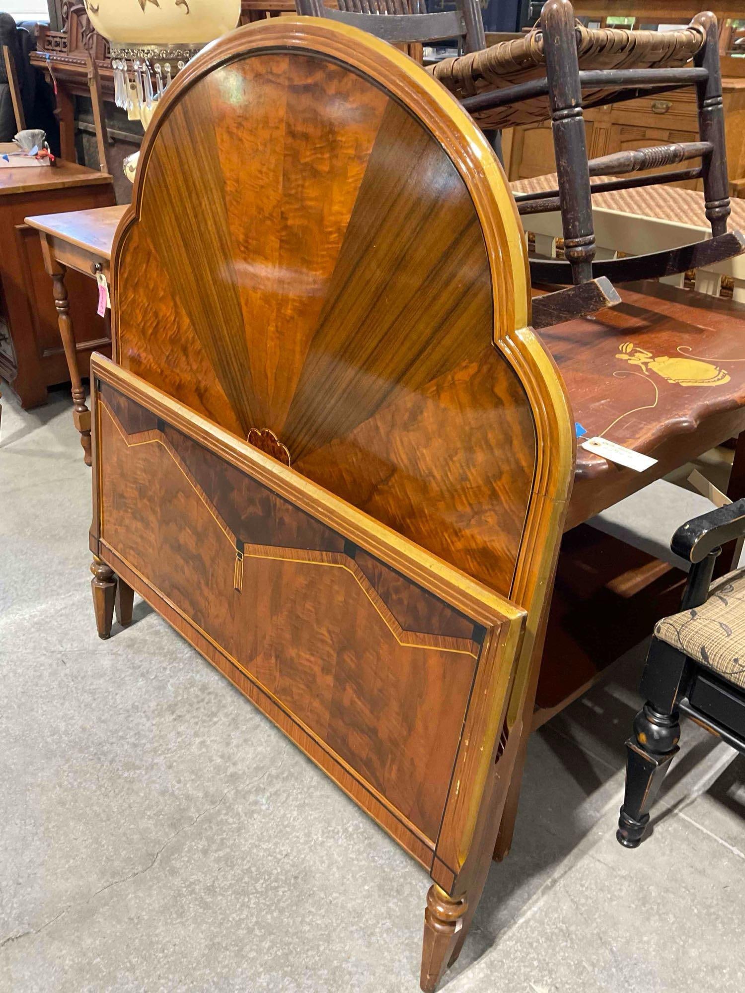 Antique Sligh Art Deco Walnut Twin Bed Frame w/ Inlaid Burl Wood Sunburst Pattern. See pics. - 3