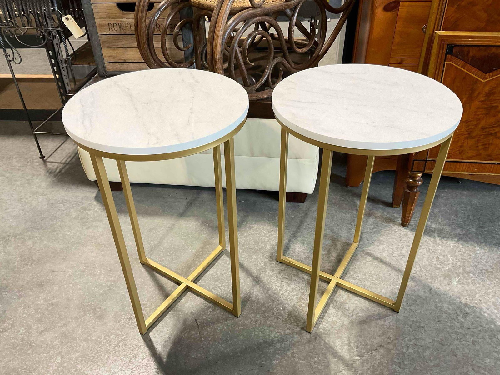 Pair of Modern Side Tables w/ Faux White Marble Tops & Brass Toned Legs. See pics. (1 of 6)