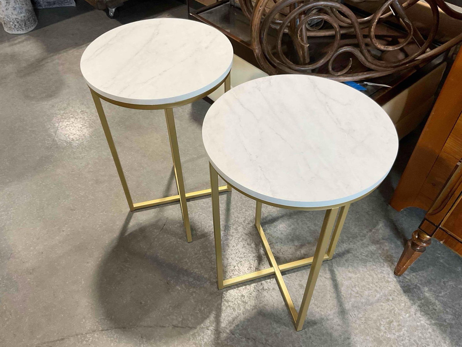 Pair of Modern Side Tables w/ Faux White Marble Tops & Brass Toned Legs. See pics. - 2
