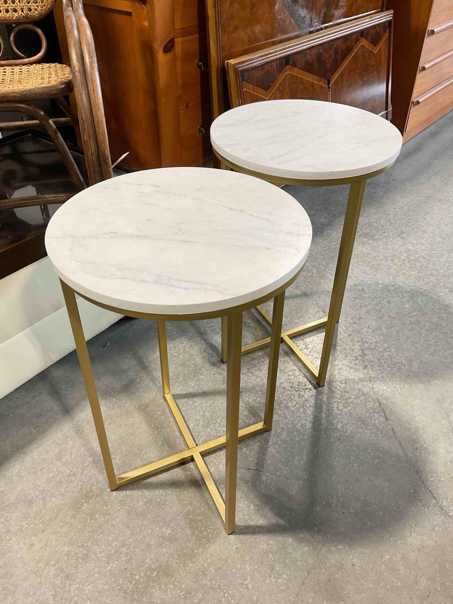 Pair of Modern Side Tables w/ Faux White Marble Tops & Brass Toned Legs. See pics. - 3