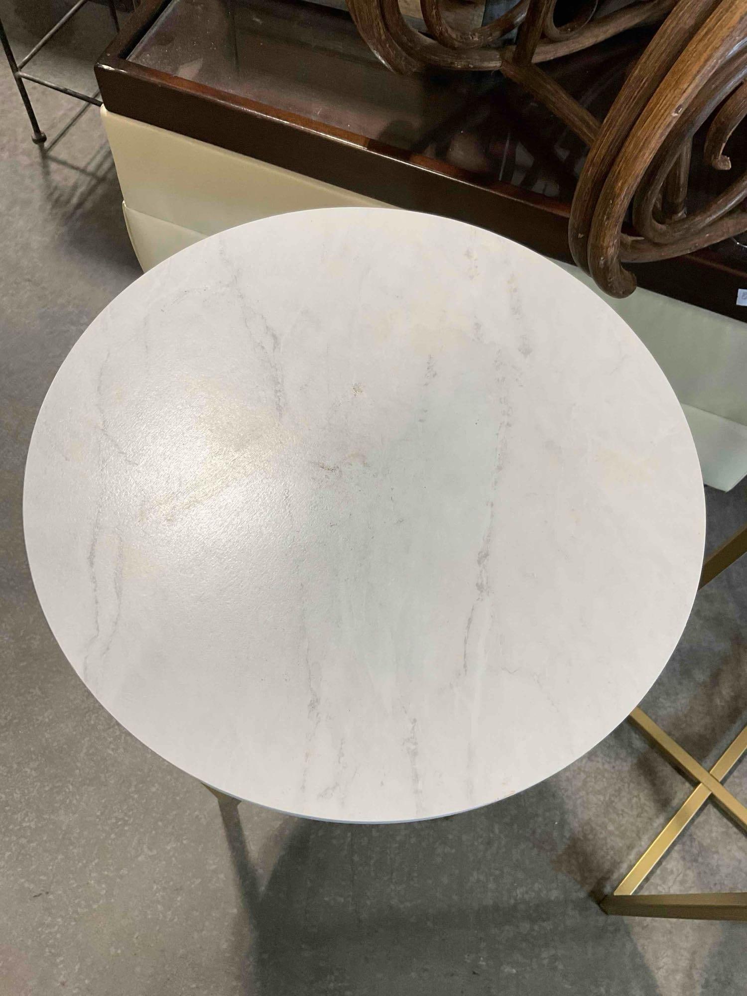 Pair of Modern Side Tables w/ Faux White Marble Tops & Brass Toned Legs. See pics. - 4