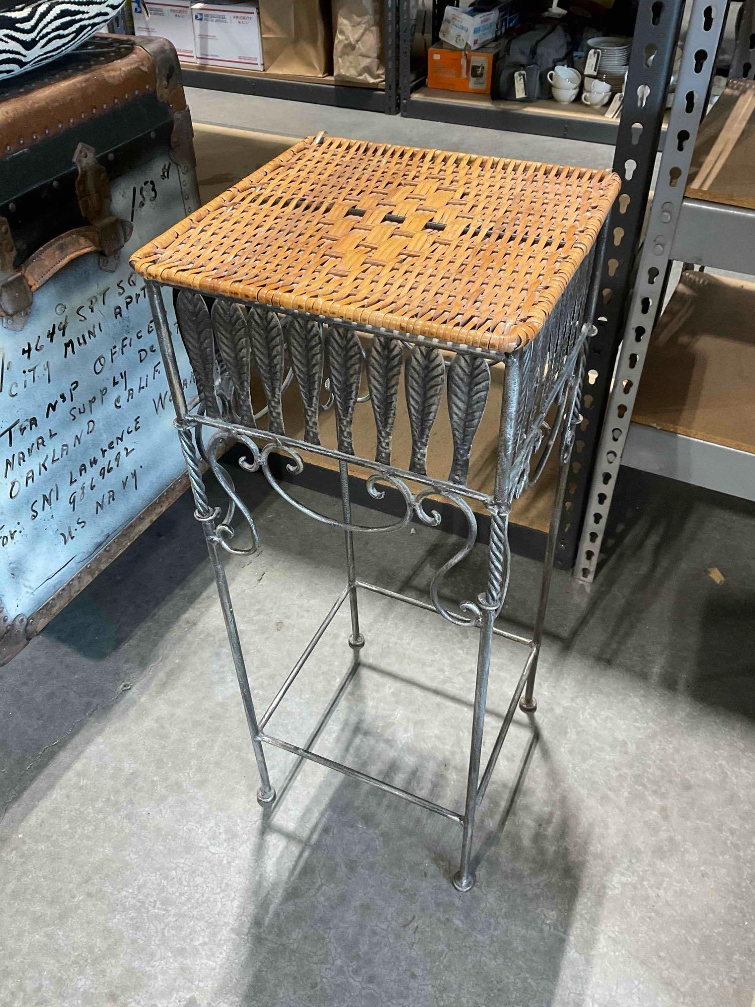 Handsome Wrought Metal Plant Stand w/ Woven Wicker Top. Stands 29" Tall! See pics. - 2