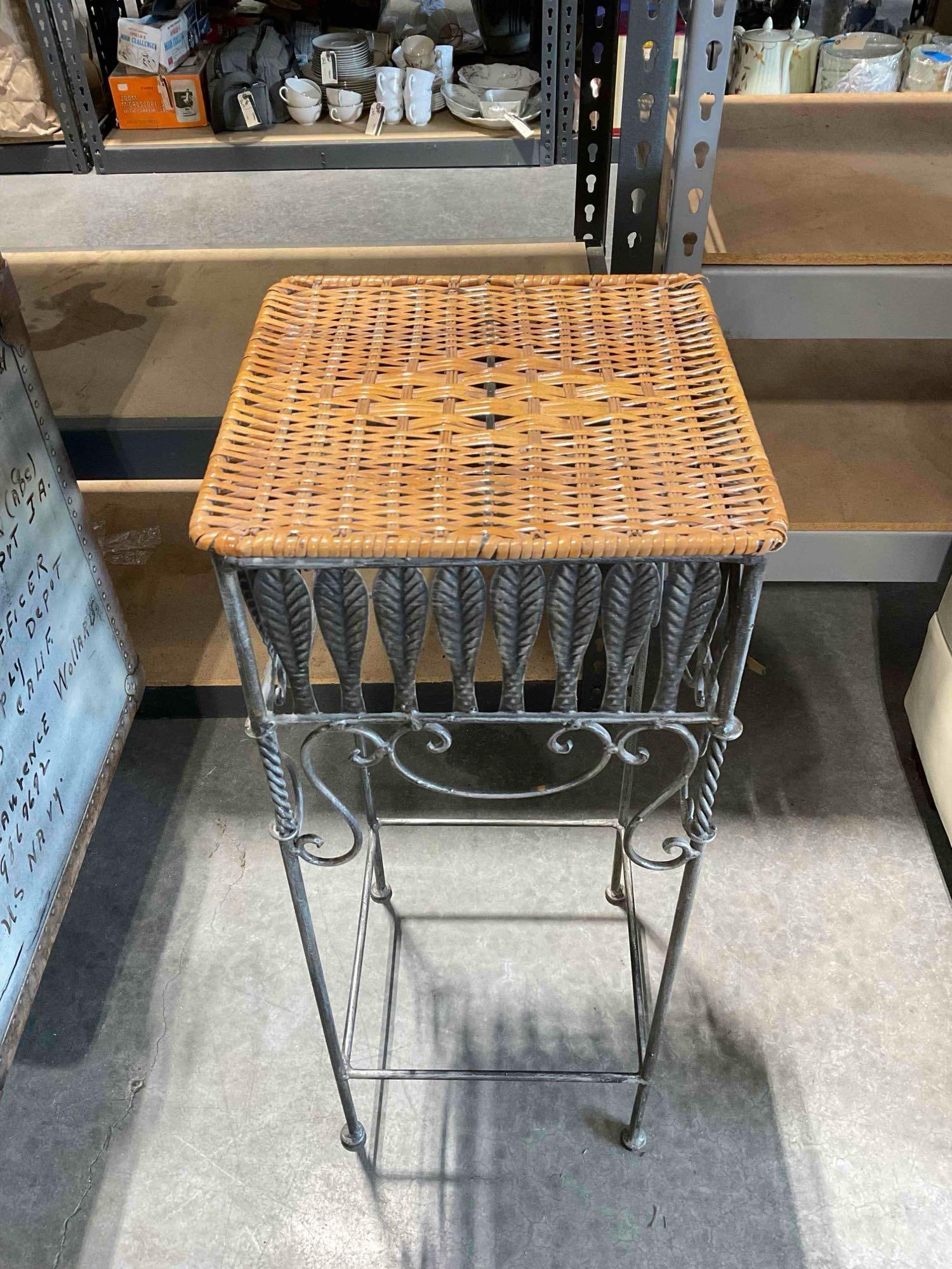 Handsome Wrought Metal Plant Stand w/ Woven Wicker Top. Stands 29" Tall! See pics. - 3