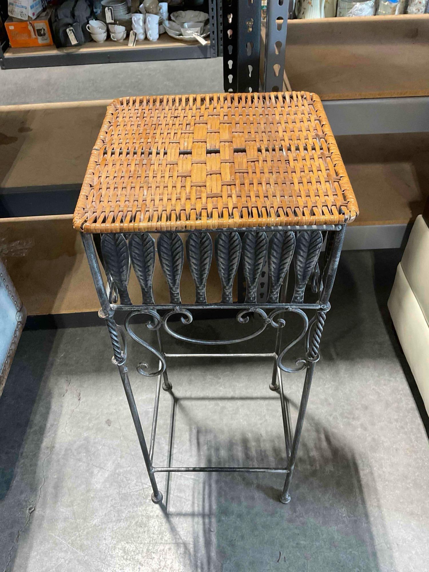 Handsome Wrought Metal Plant Stand w/ Woven Wicker Top. Stands 29" Tall! See pics. - 4