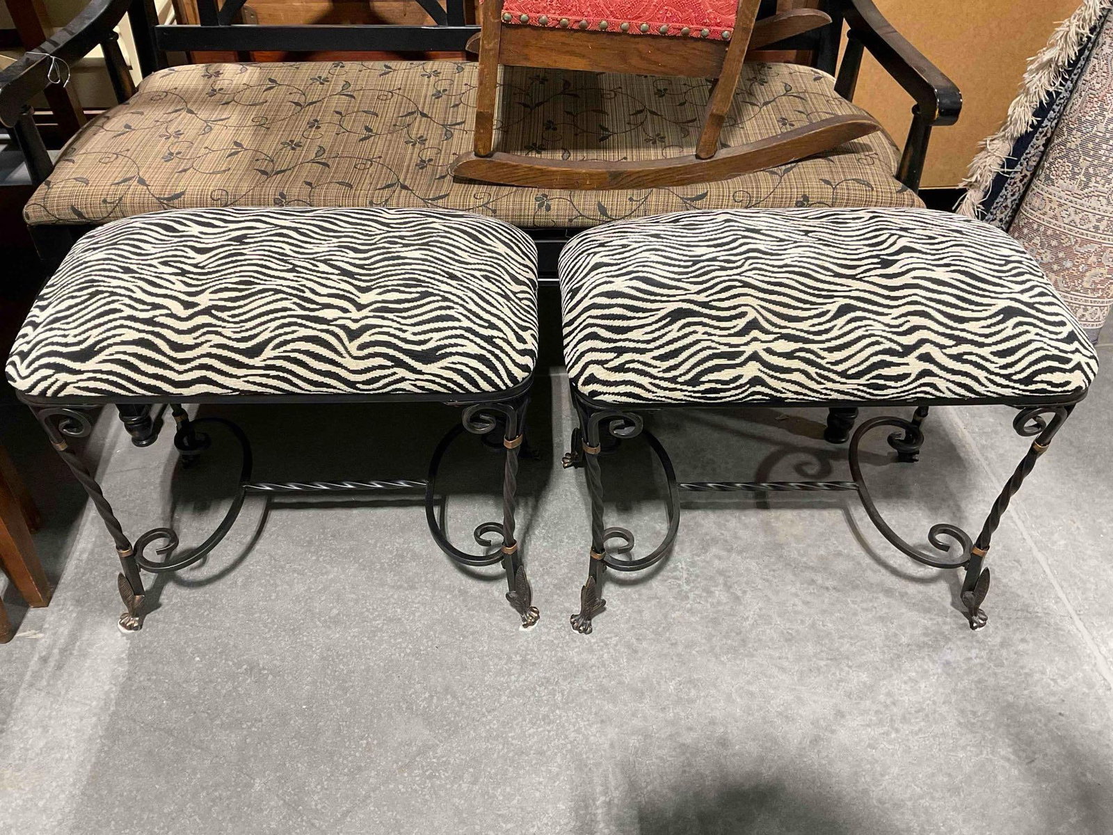 2 pcs Modern Side Benches w/ Fun Zebra Print Upholstery & Wrought Metal Legs. See pics.: 2 pcs Modern Side Benches w/ Fun Zebra Print Upholstery & Wrought Metal Legs. Minor wear indicative of age and use, some torn threads, see photos for conditions. Measure 24" x 14" x 19"