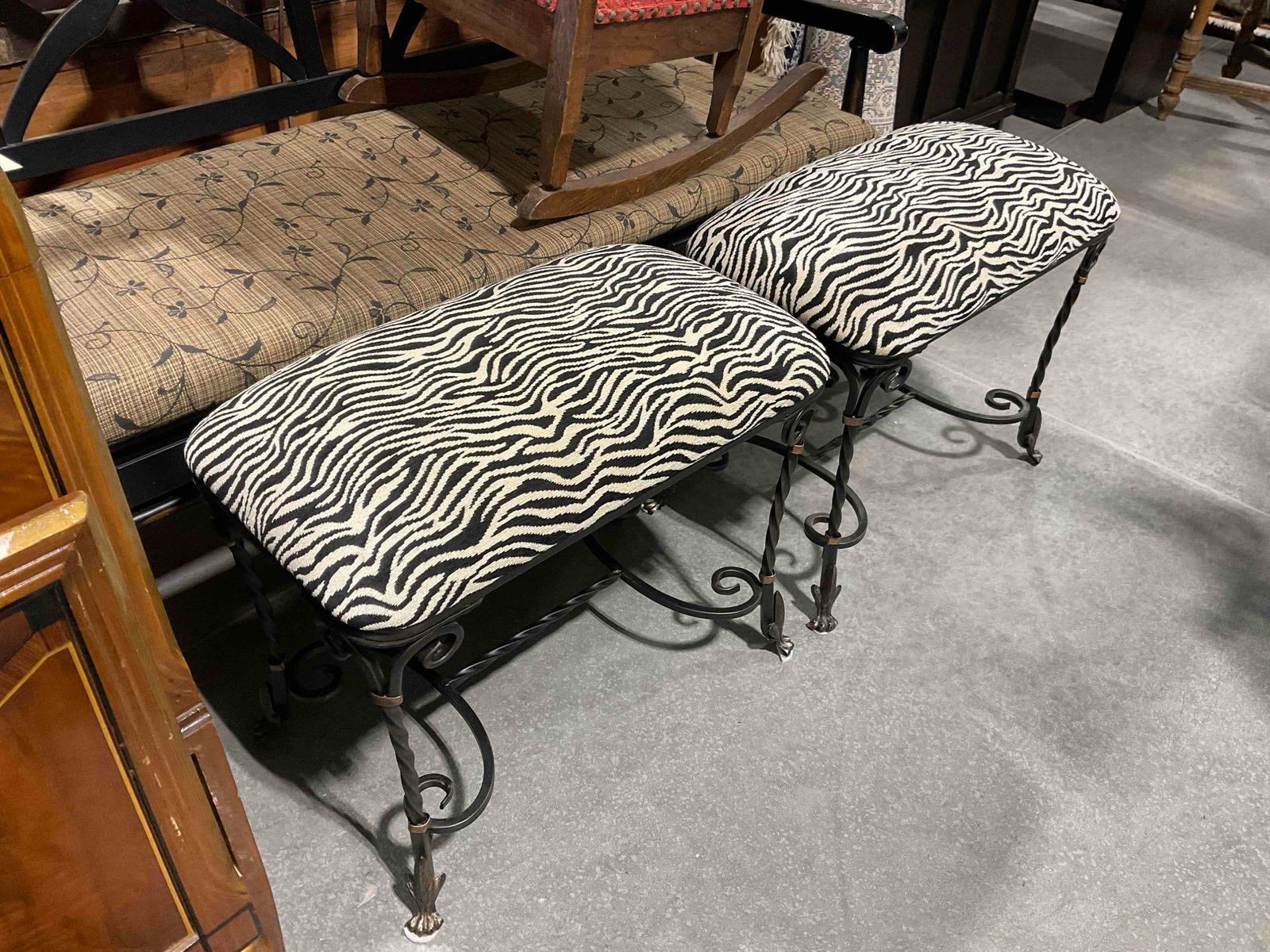 2 pcs Modern Side Benches w/ Fun Zebra Print Upholstery & Wrought Metal Legs. See pics. - 2