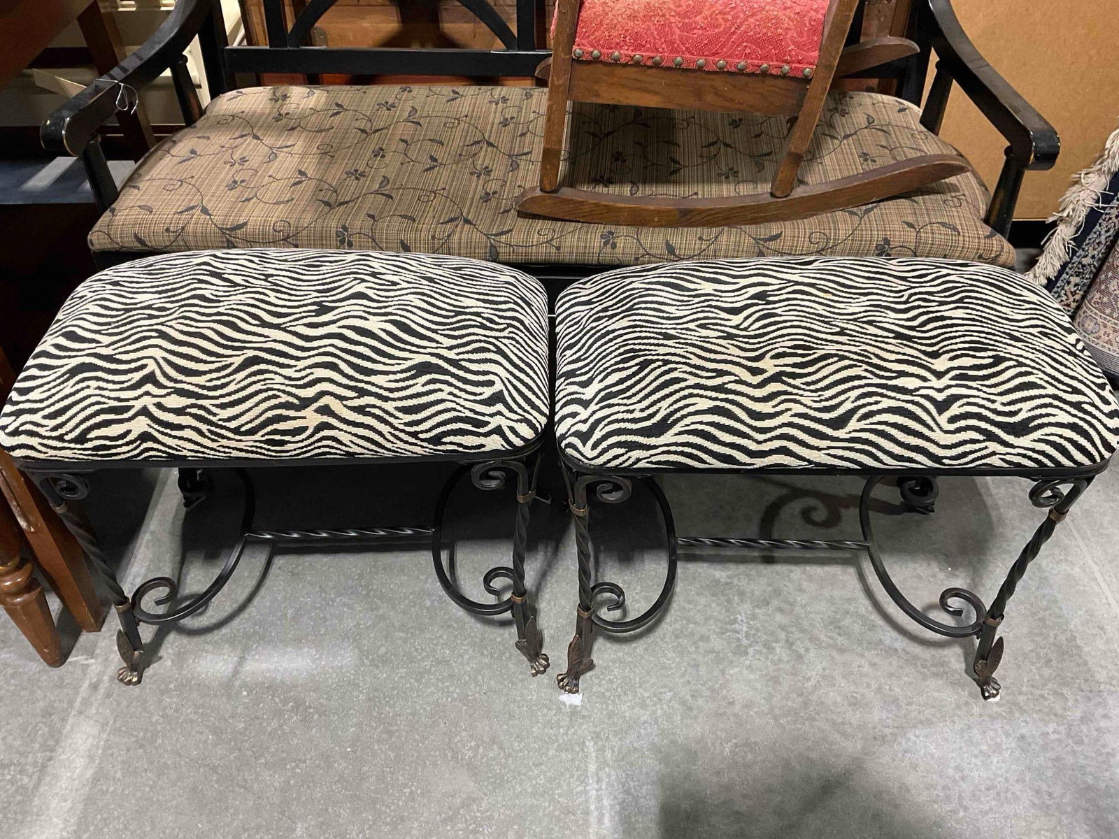 2 pcs Modern Side Benches w/ Fun Zebra Print Upholstery & Wrought Metal Legs. See pics. - 5