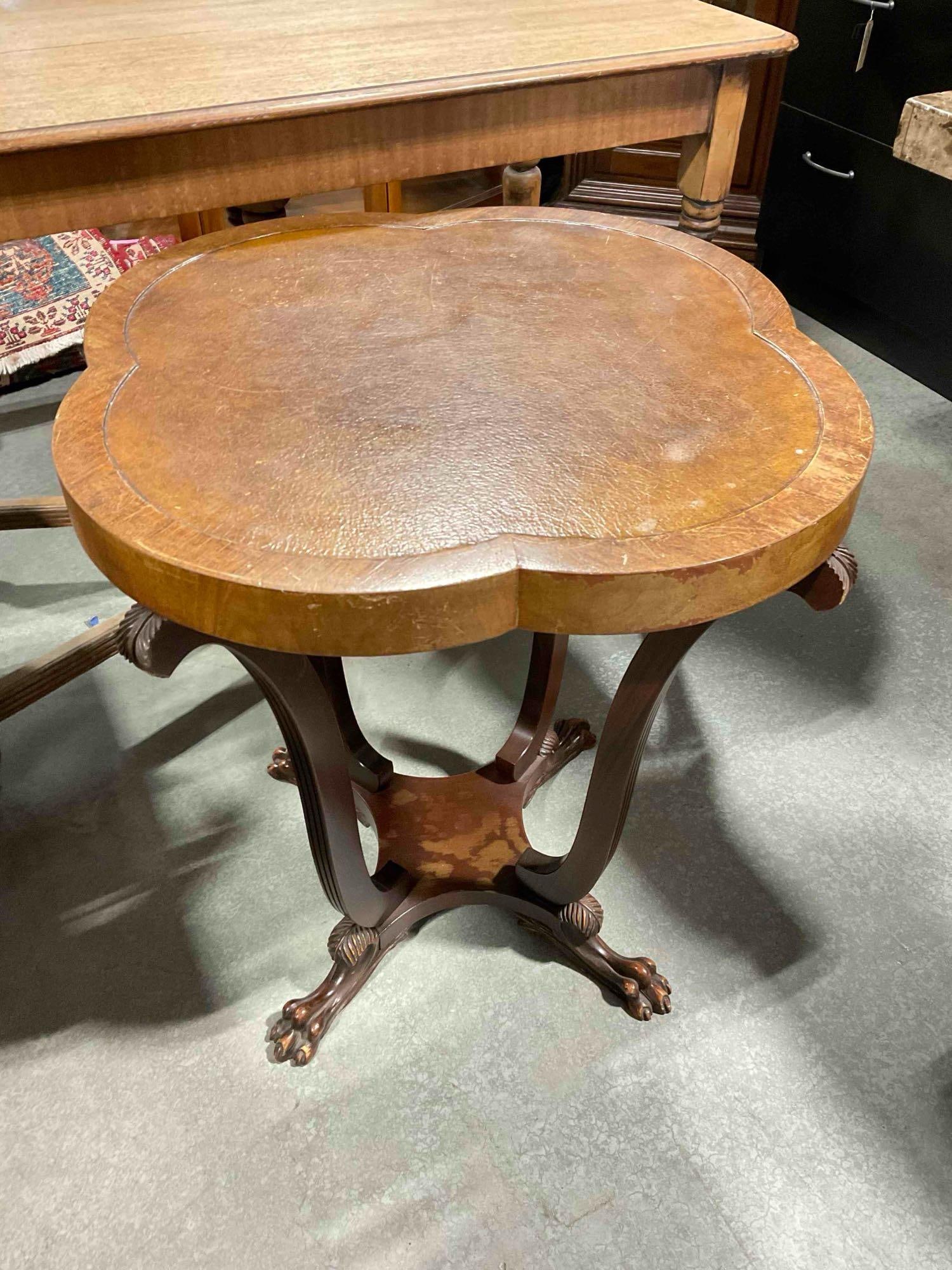 Vintage Quatrefoil Accent Table w/ Carved Wooden Base, Handsome Feet & Leather Inset Top. - 3