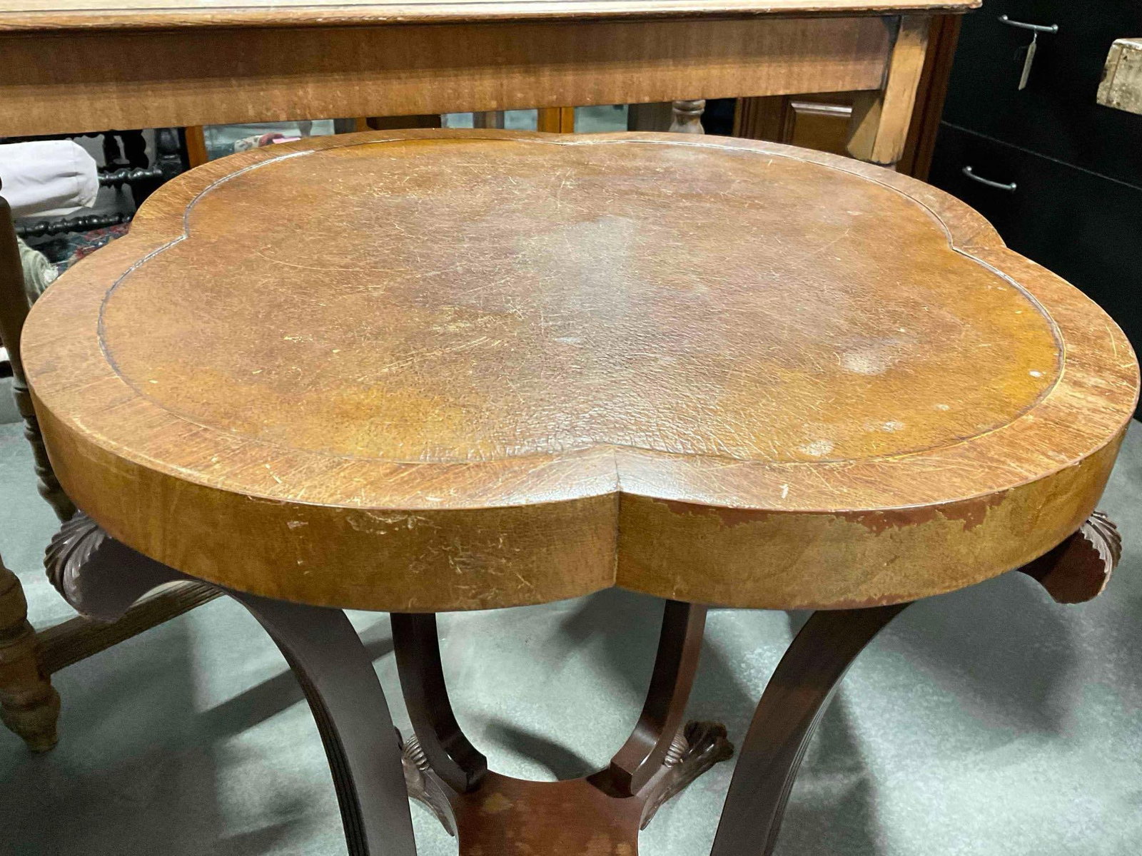 Vintage Quatrefoil Accent Table w/ Carved Wooden Base, Handsome Feet & Leather Inset Top. - 4