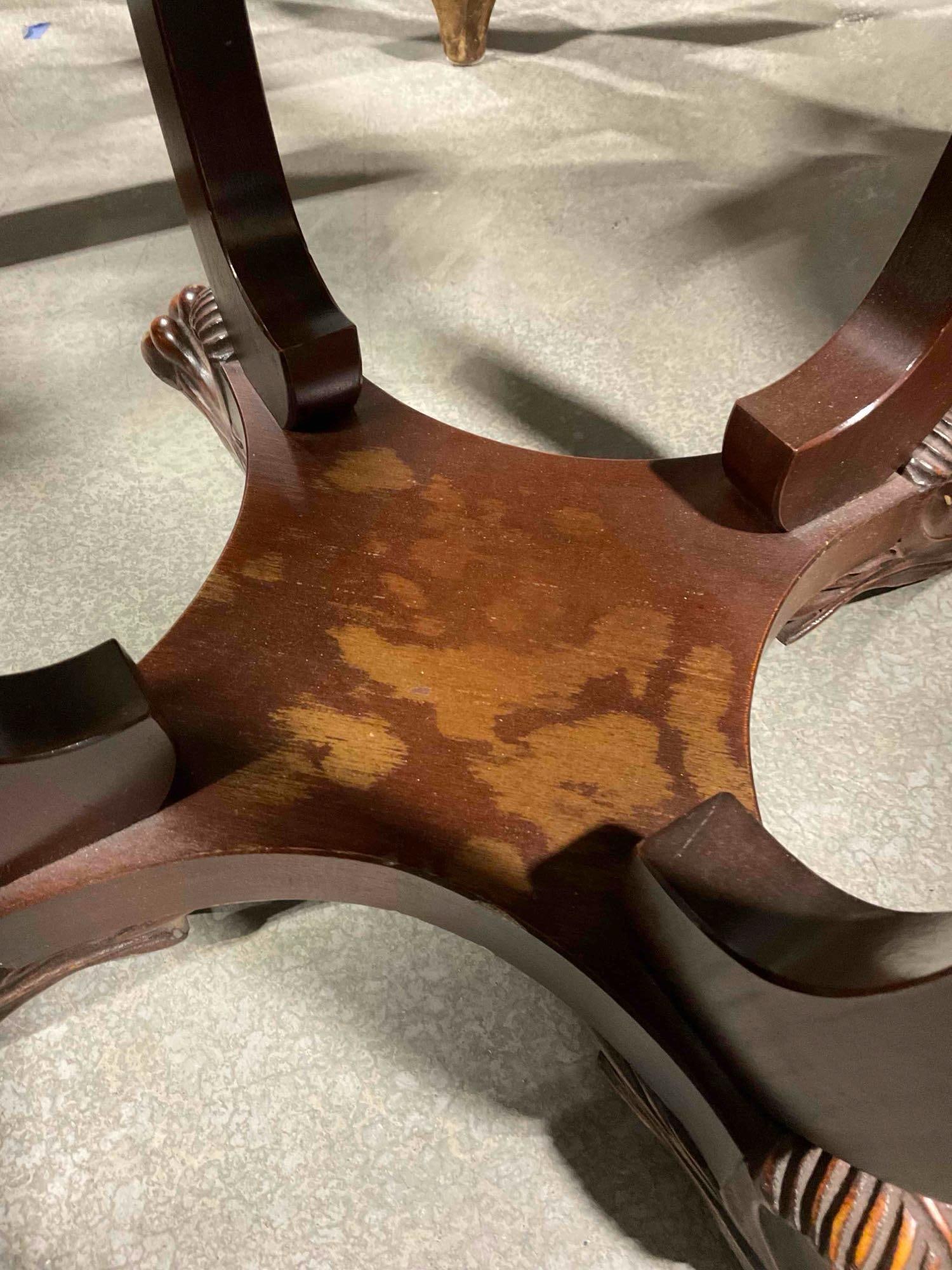 Vintage Quatrefoil Accent Table w/ Carved Wooden Base, Handsome Feet & Leather Inset Top. - 6