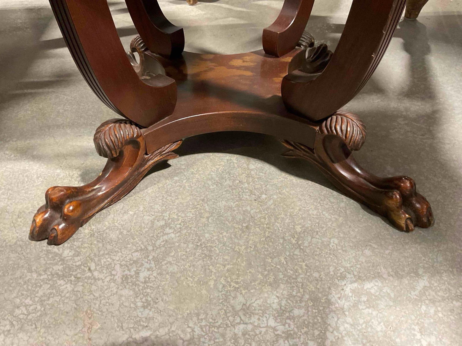 Vintage Quatrefoil Accent Table w/ Carved Wooden Base, Handsome Feet & Leather Inset Top. - 8