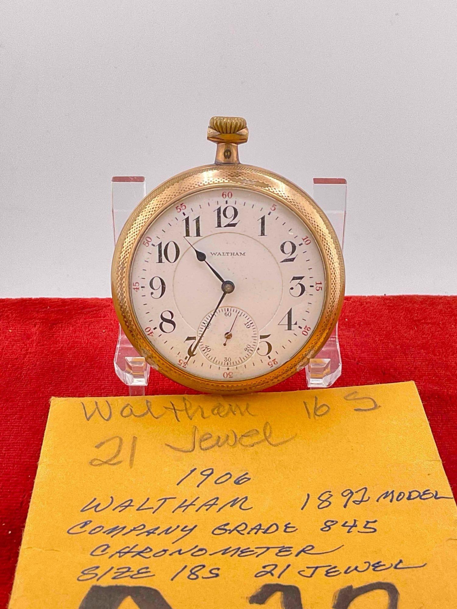 Antique 1906 Waltham Model 1892 Pocket watch Grade 845, Sz 18s, 21 Jewel # 15051943: c-6600 Ruby & Sapphire Jewels Sold as is needs servicing GF case marked Philadelphia Watch case company Warranted 20 years 