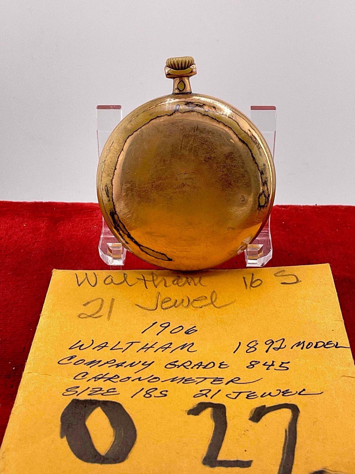 Antique 1906 Waltham Model 1892 Pocket watch Grade 845, Sz 18s, 21 Jewel # 15051943 - 2