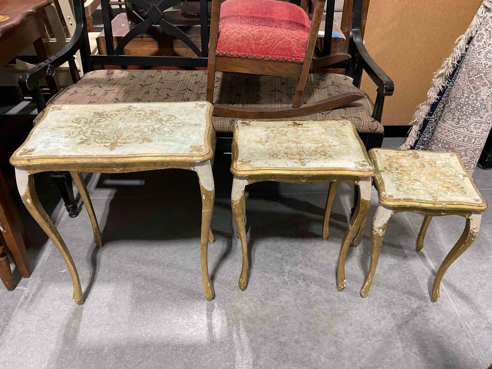 Set of 3 Vintage Italian Wooden Nesting Tables w/ Gilt Painted Legs & Ornate Design. See pics. - 7