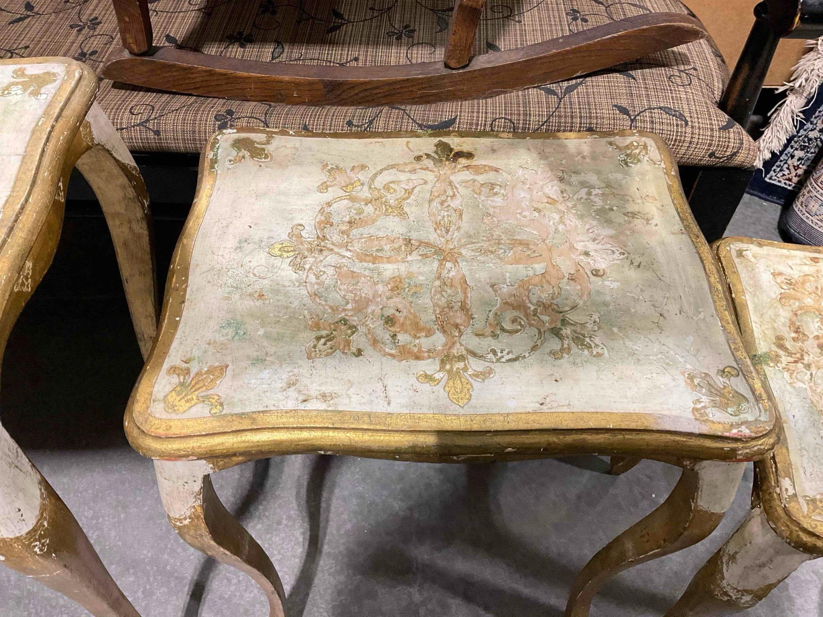 Set of 3 Vintage Italian Wooden Nesting Tables w/ Gilt Painted Legs & Ornate Design. See pics. - 9