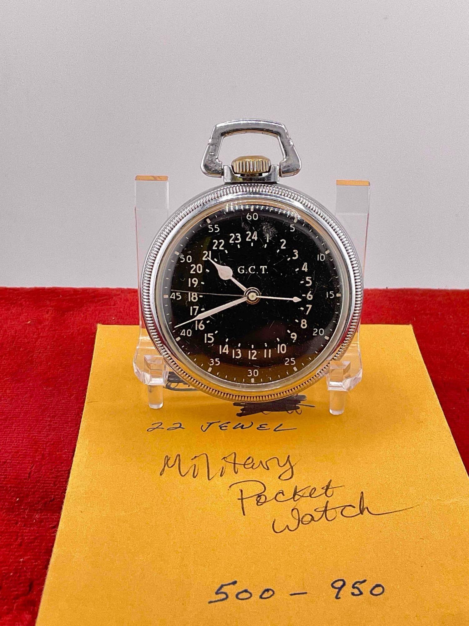 WWII 1942 Army Navy Hamilton Military Master navigation Pocket watch SZ 16, 22 Jewel # 4992B: C-6600 This is highly collectible watch Valued 600 to 1000 Sold As is, watch is running but will most likely need servicing Dial: Bold 24-hour G.C.T. (Greenwich Civil Time / Greenwich Mean