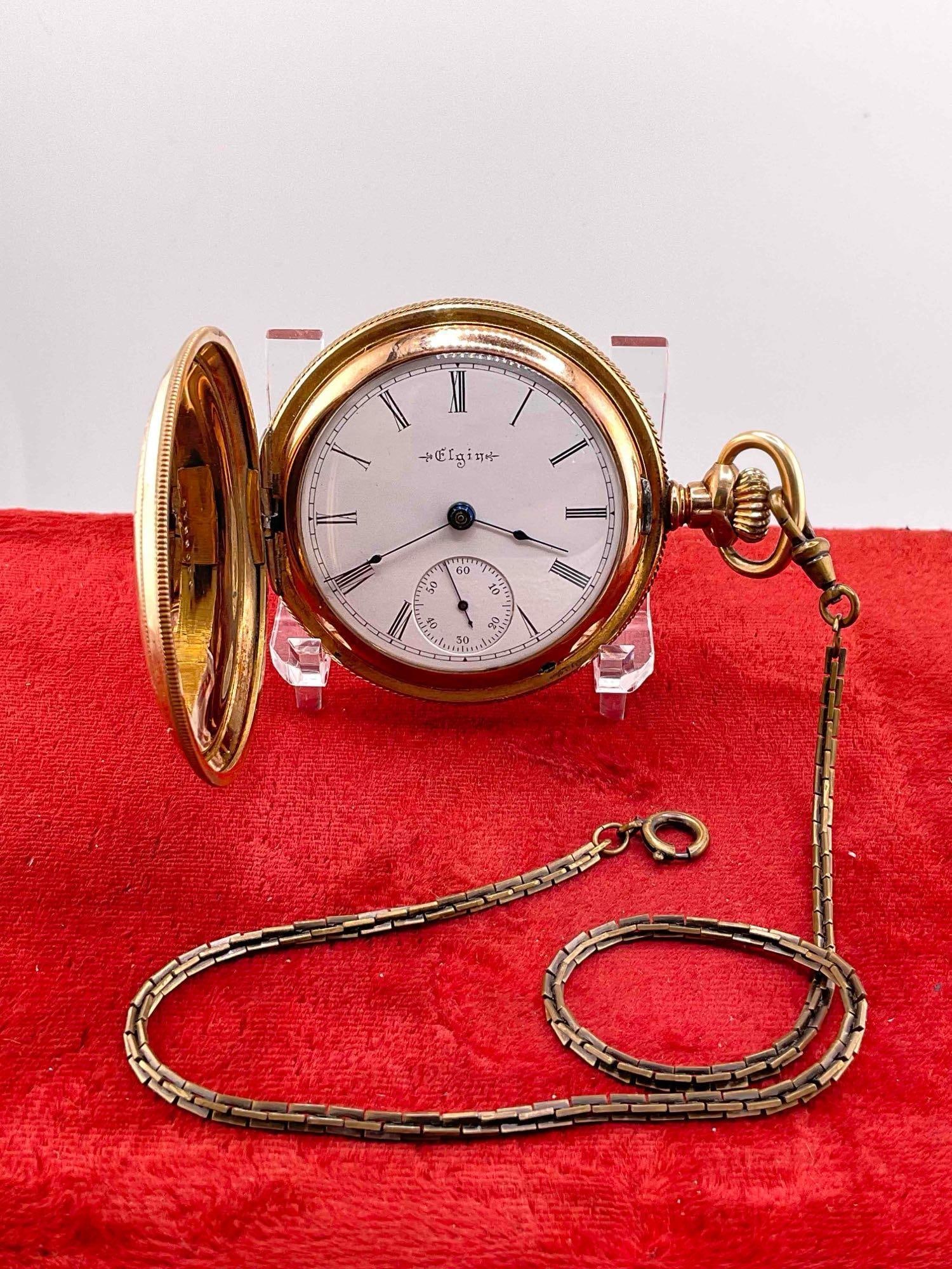 Antique Elgin Large Pocket watch watch sz 18s, 17J, Grade 144 w/ handsome 14K GF Hunter case: c-6600 Sold as is needs service Serial number 7825928 3 Pc hunter scrolled GF case out side case marked Keystone Watch case 6003317 , inside case marked Guaranteed J Boss 14k