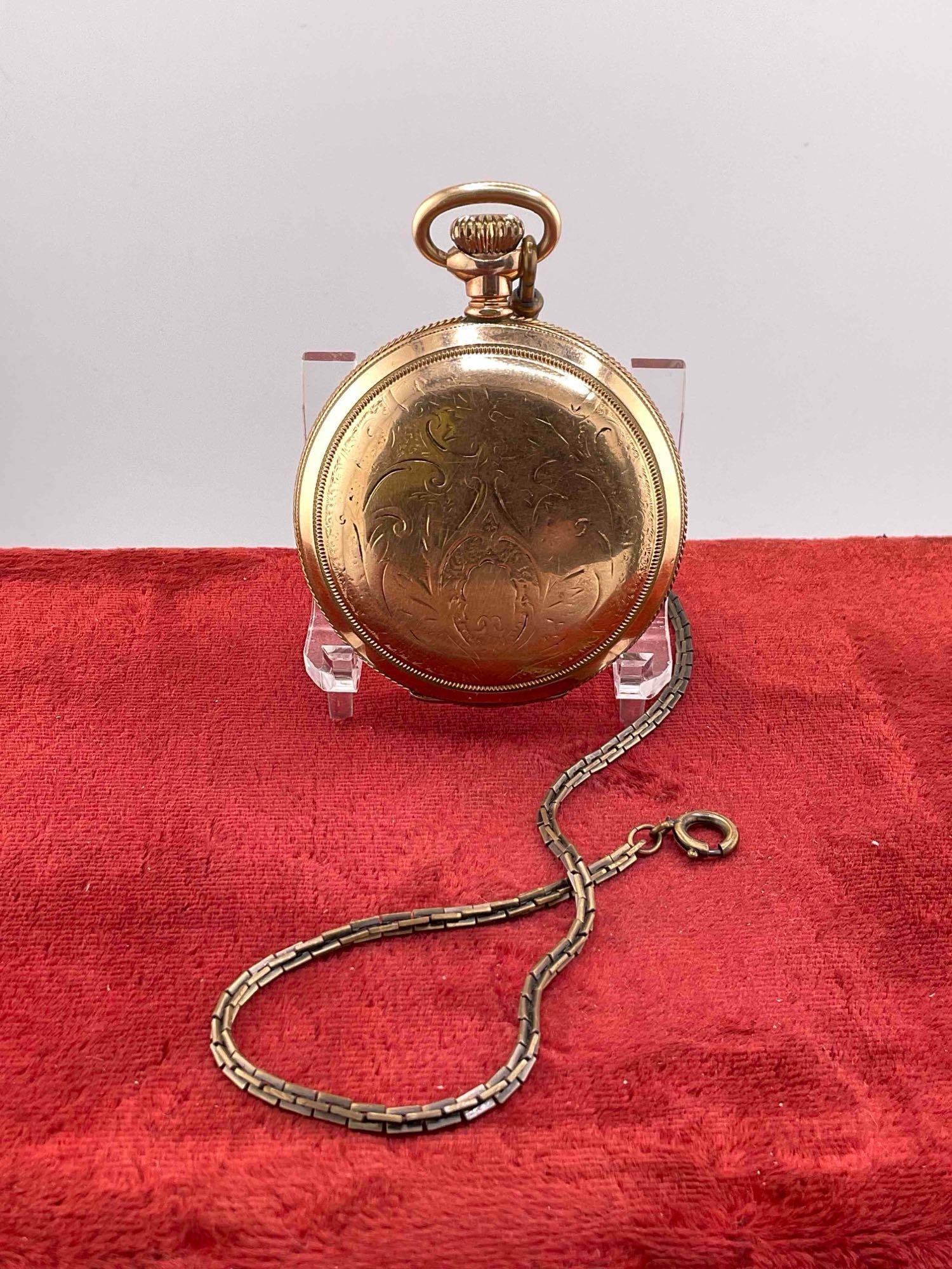 Antique Elgin Large Pocket watch watch sz 18s, 17J, Grade 144 w/ handsome 14K GF Hunter case - 2