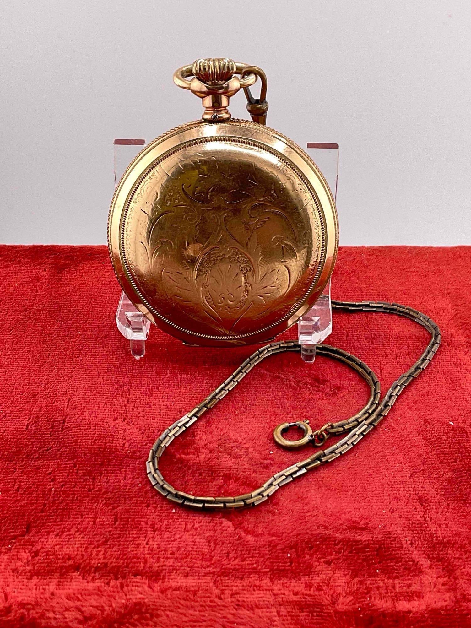 Antique Elgin Large Pocket watch watch sz 18s, 17J, Grade 144 w/ handsome 14K GF Hunter case - 3