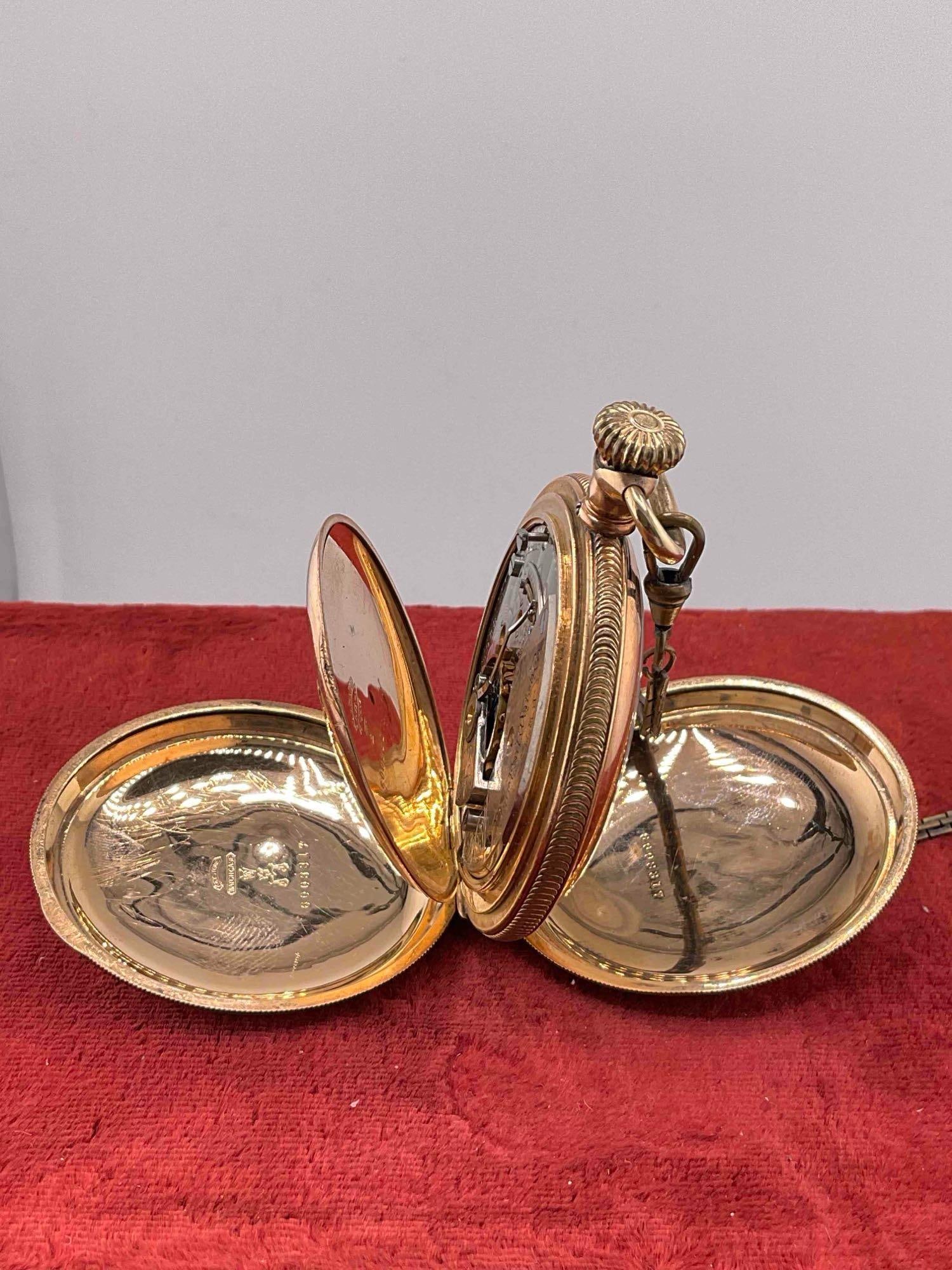 Antique Elgin Large Pocket watch watch sz 18s, 17J, Grade 144 w/ handsome 14K GF Hunter case - 4