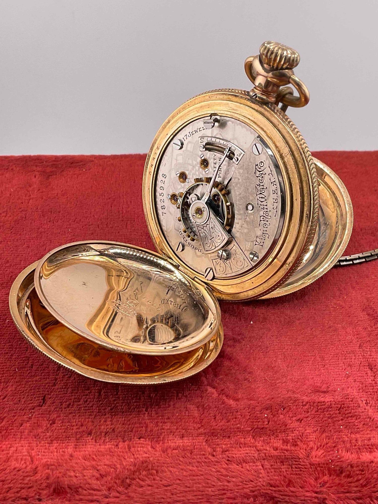 Antique Elgin Large Pocket watch watch sz 18s, 17J, Grade 144 w/ handsome 14K GF Hunter case - 5