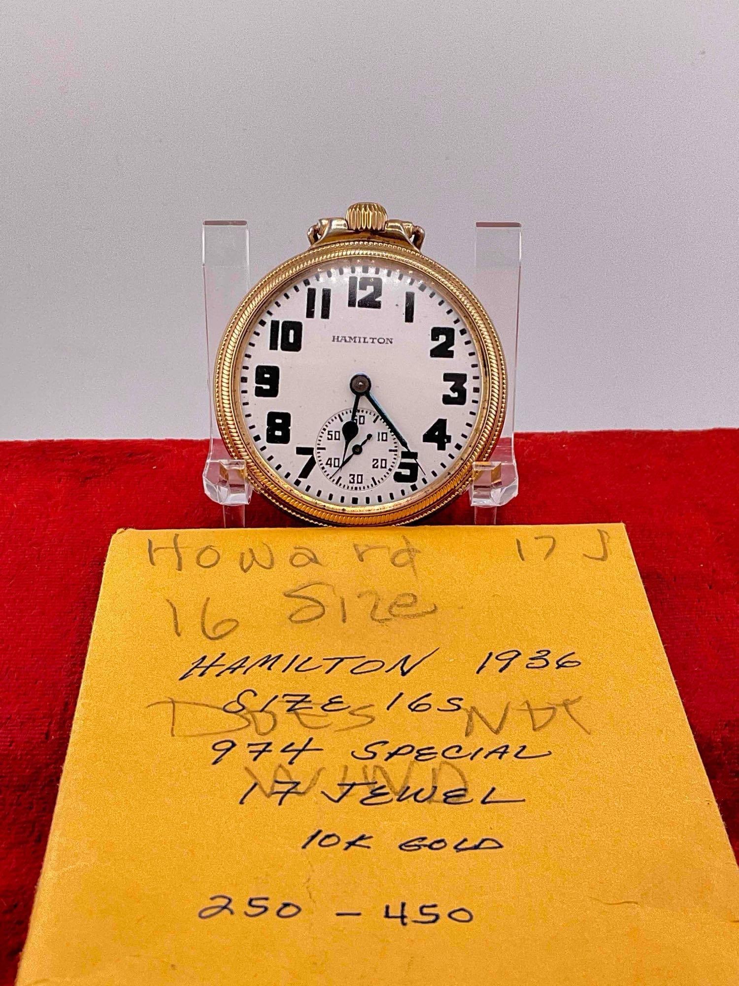 1933 Hamilton Pocket watch Grade 974 Special, Sz 16s, 17Jewel # 2560539 W/ 10K GF Case: C-6600 Nice watch Sold as is in running condition but may need service Case is stamped watch Star case company 10K gold filled 9620724 