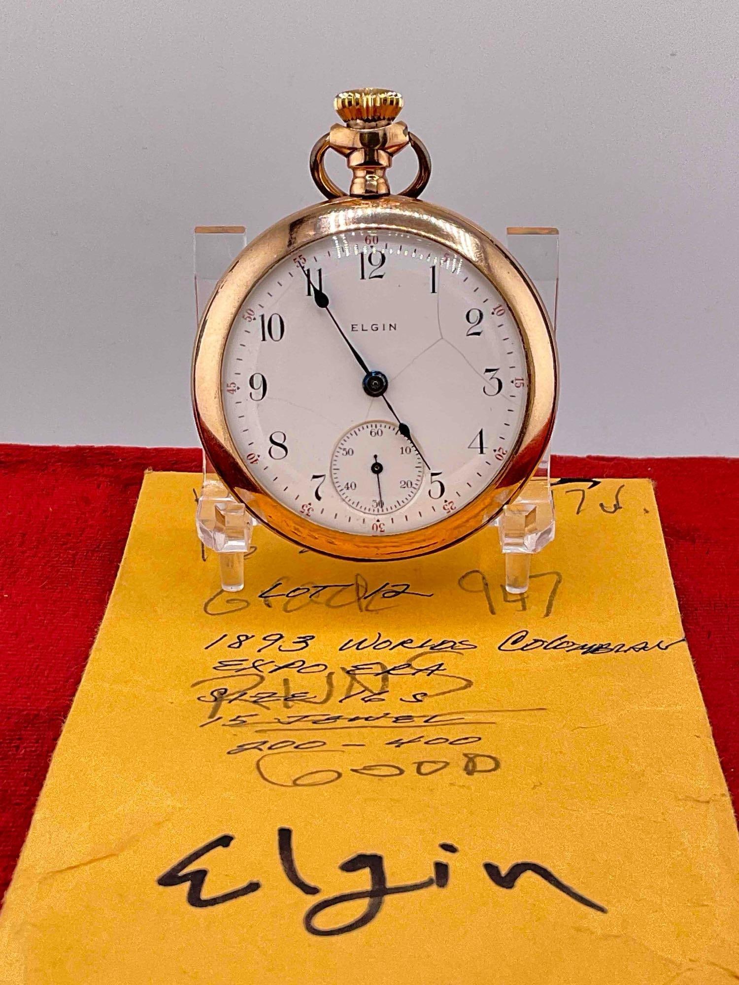 Antique 1893 model 5 Elgin Pocket watch Sz 18s, 15-17 Jewels GF case # 4687011 Running Condition: c-6600 1893 Colombia expo era , 2000 run quaintly Watch is sold as is. Is in running condition but may need service case is stamped Fahys Montauk 20 years Guaranteed #5765628
